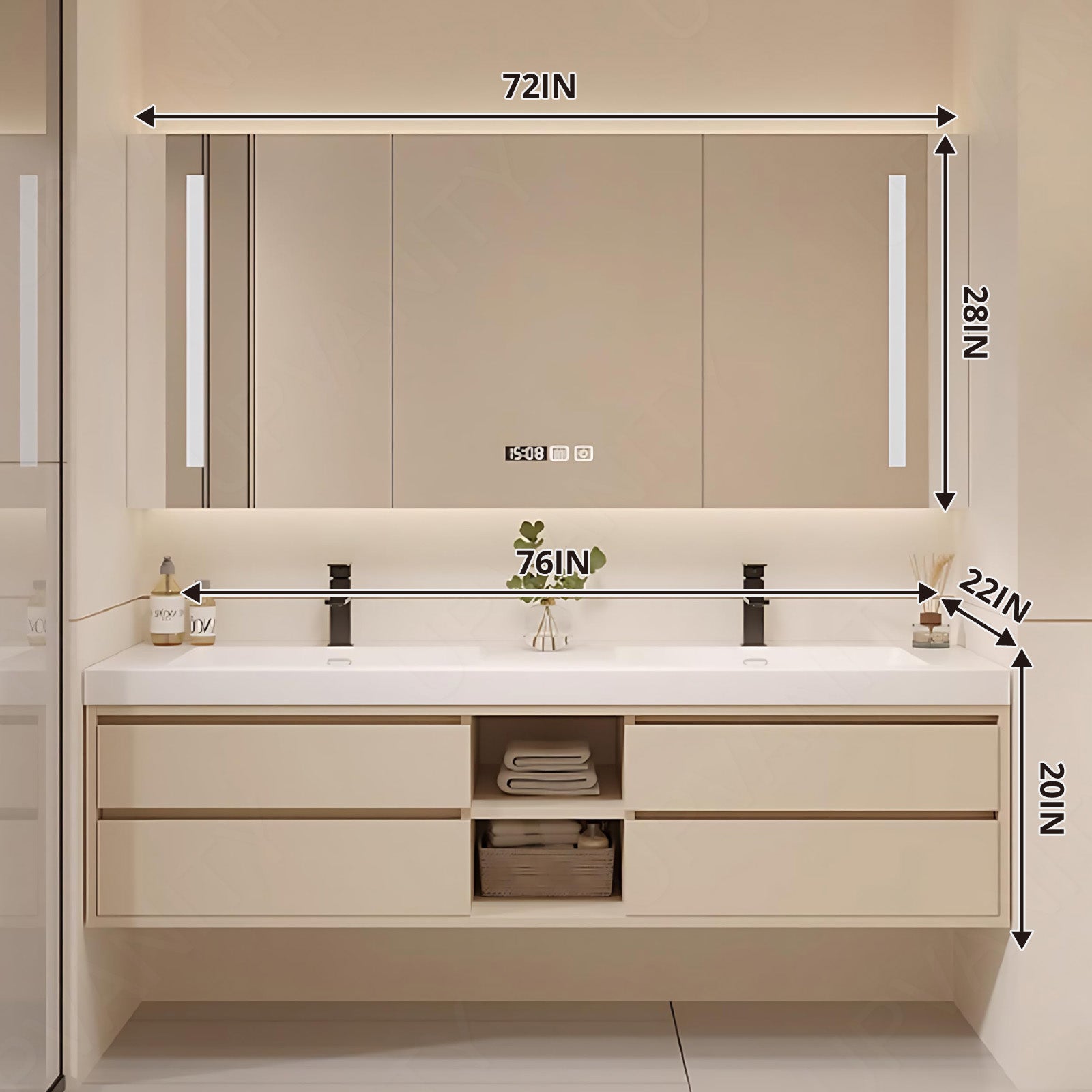 Modern Bath Vanity Set, Beige, White Slate Top, 52"-80", Double, Floating, Open Storage, Smart LED Mirror, Rear Cabinet