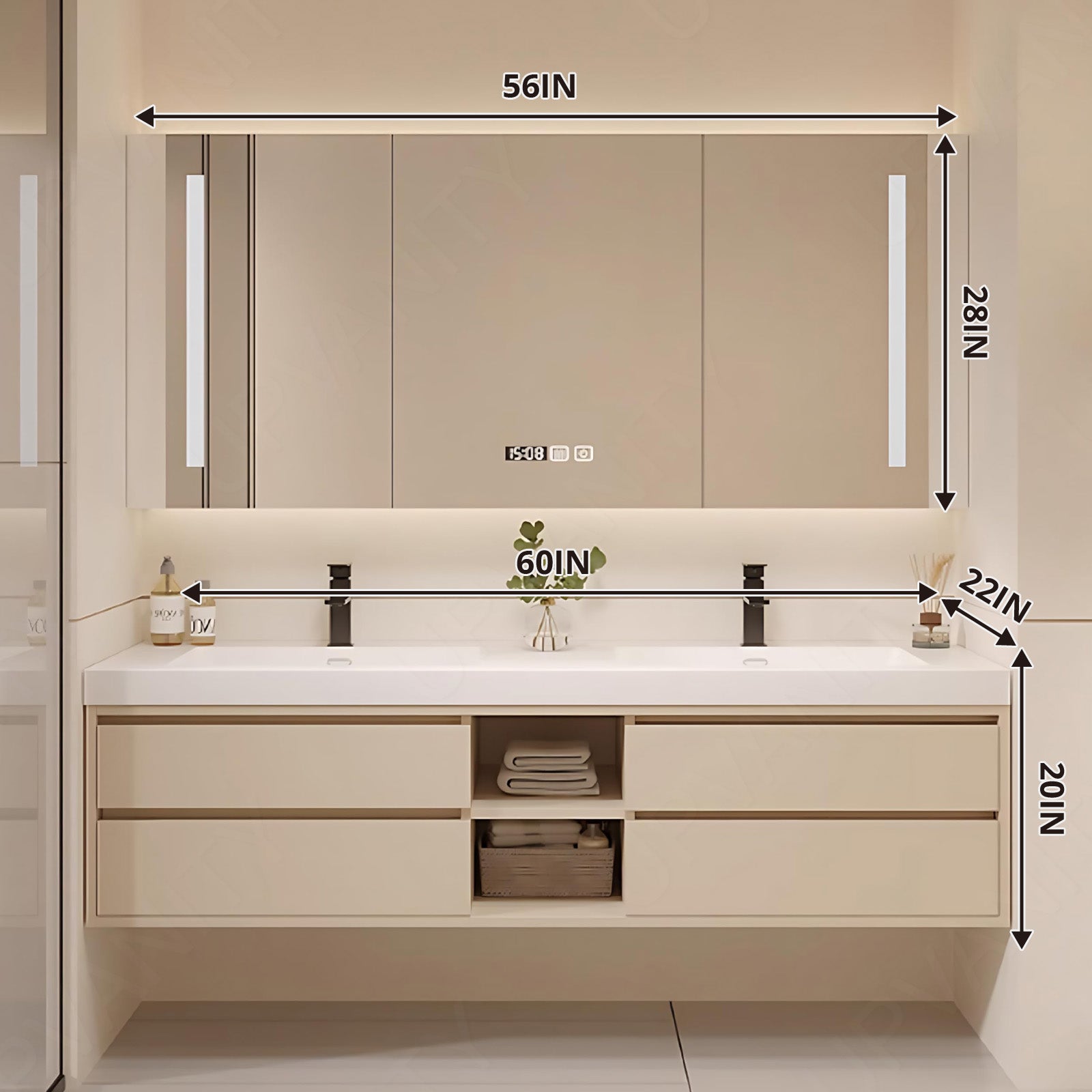 Modern Bath Vanity Set, Beige, White Slate Top, 52"-80", Double, Floating, Open Storage, Smart LED Mirror, Rear Cabinet