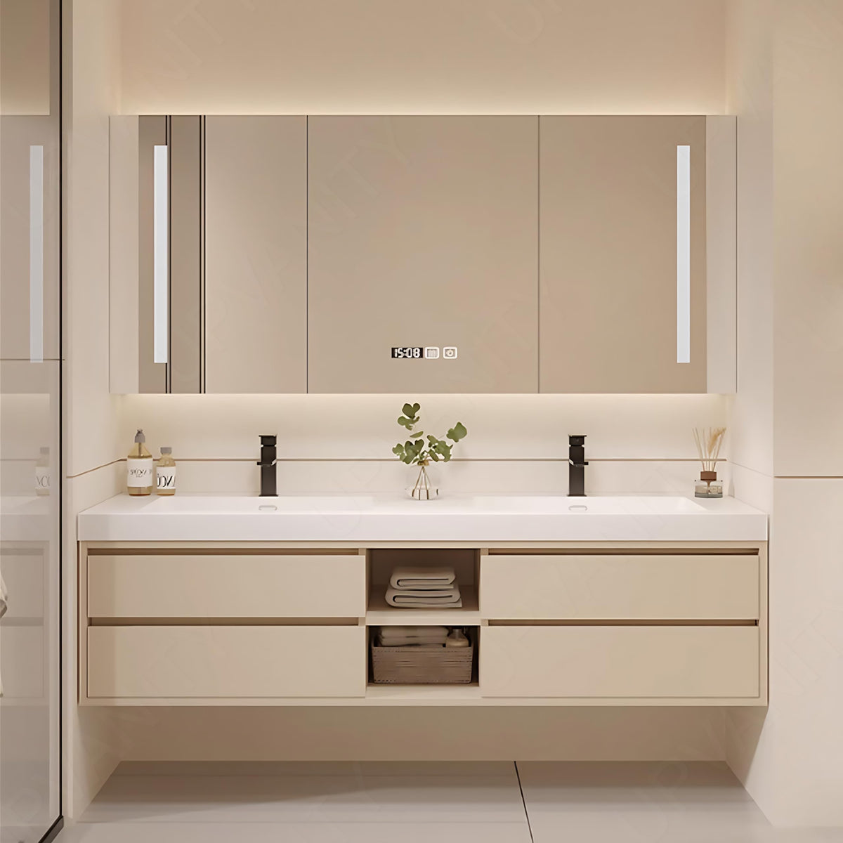 Modern Bath Vanity Set, Beige, White Slate Top, 52"-80", Double, Floating, Open Storage, Smart LED Mirror, Rear Cabinet