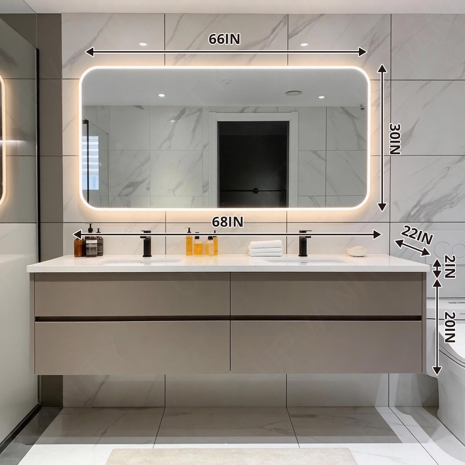Modern Bath Vanity Set, Beige, White Slate Top, 56"-78", Double, Floating, Sectional Storage, Smart LED Mirror