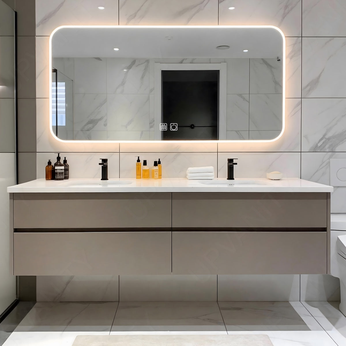 Modern Bath Vanity Set, Beige, White Slate Top, 56"-78", Double, Floating, Sectional Storage, Smart LED Mirror