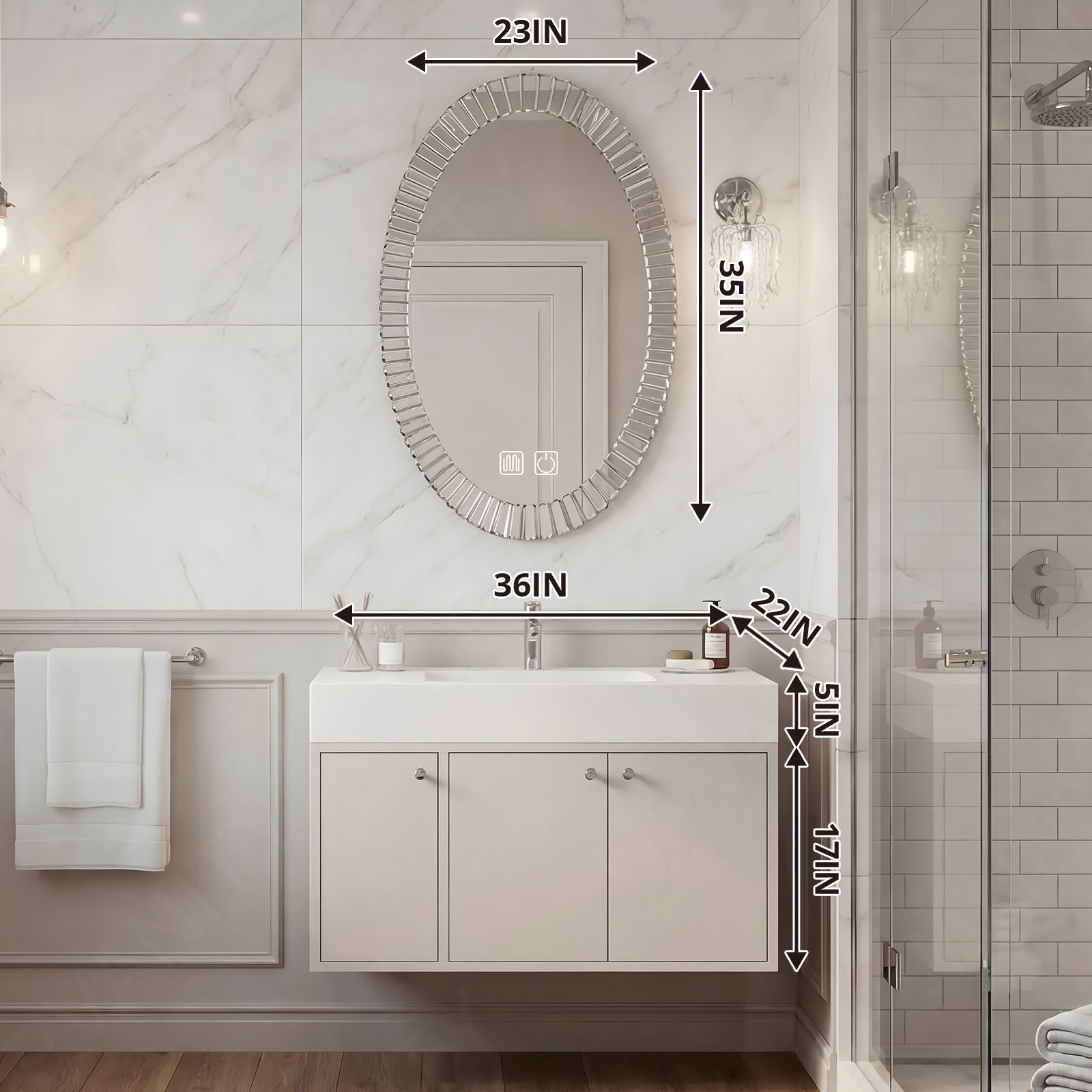 Modern Bath Vanity Set, Beige, White Slate Top, Classic Panel, 36"-60", Single, Floating, Hidden Storage, Smart LED Mirror