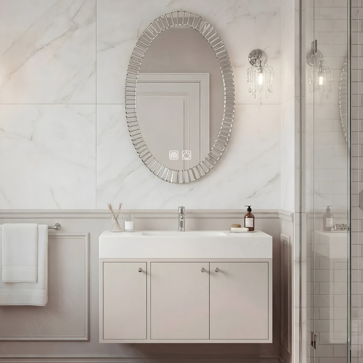 Modern Bath Vanity Set, Beige, White Slate Top, Classic Panel, 36"-60", Single, Floating, Hidden Storage, Smart LED Mirror