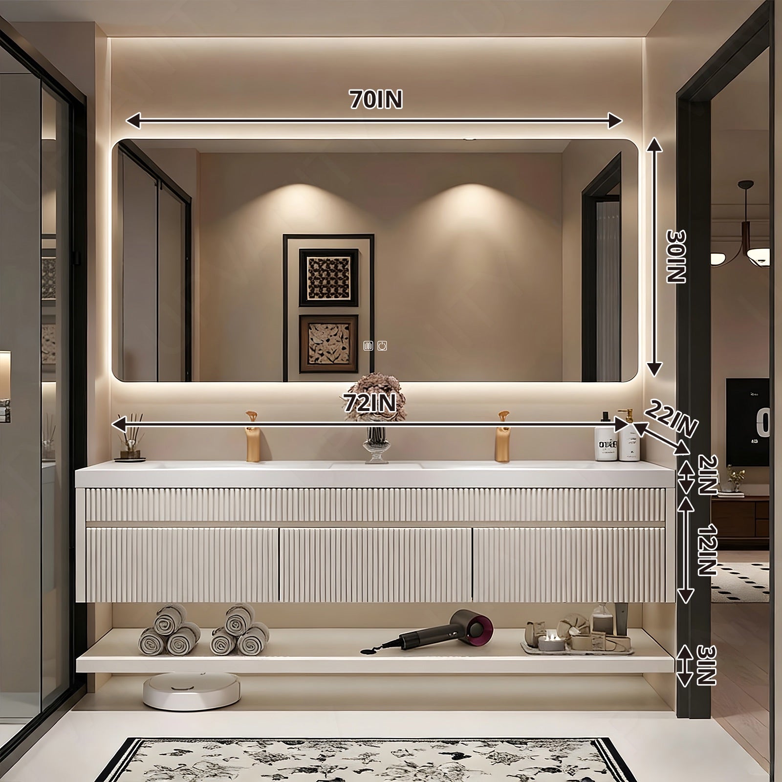 Modern Bath Vanity Set, Beige, White Slate Top, Fluted Panel, 56"-78", Double, Floating, Open Storage, Smart LED Mirror