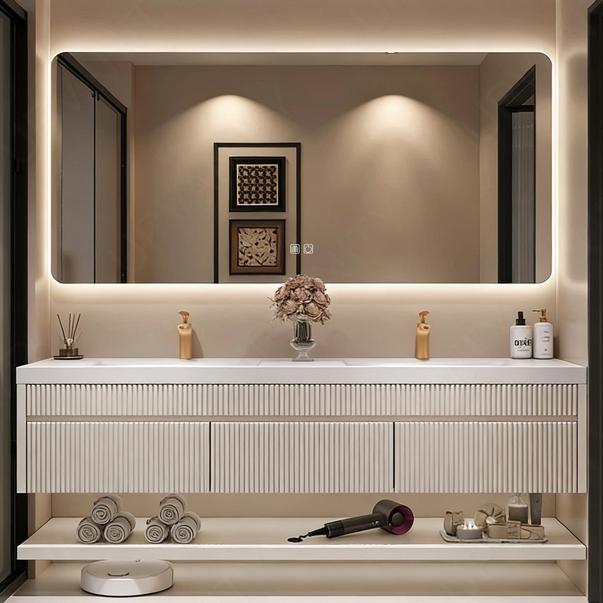 Modern Bath Vanity Set, Beige, White Slate Top, Fluted Panel, 56"-78", Double, Floating, Open Storage, Smart LED Mirror