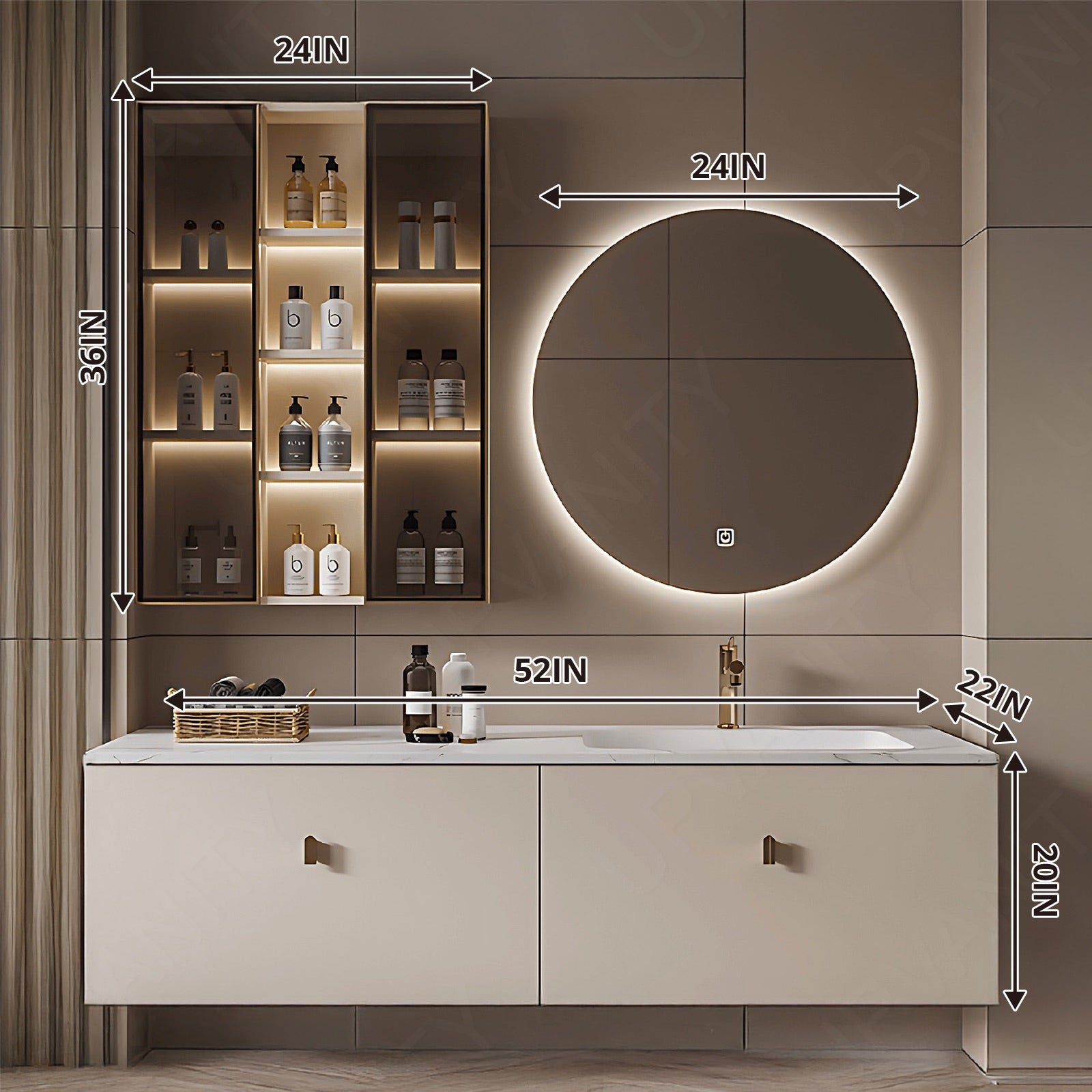 Modern Bath Vanity Set, Beige, White Slate Top, Glass Door, 52"-72", Single, Floating, Rounded Smart LED Mirror, Side Cabinet