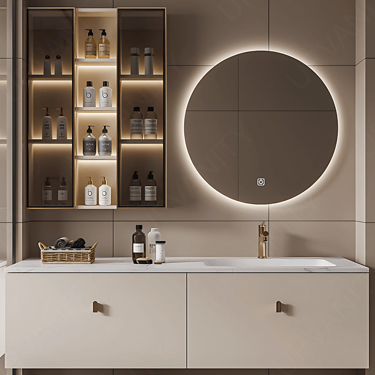 Modern Bath Vanity Set, Beige, White Slate Top, Glass Door, 52"-72", Single, Floating, Rounded Smart LED Mirror, Side Cabinet