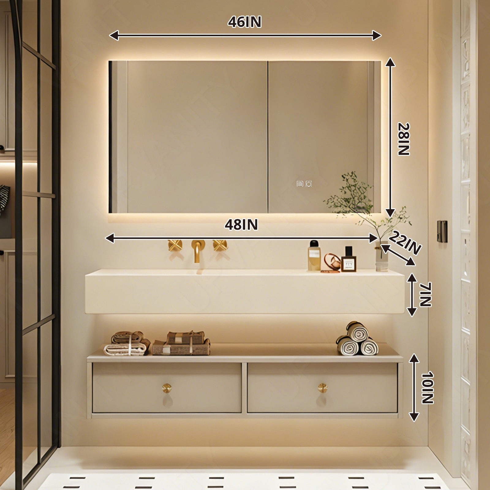 Modern Bath Vanity Set, Beige, White Slate Top, Gold Accents, 28"-72", Single, Floating, Open Storage, Smart LED Mirror, Rear Cabinet