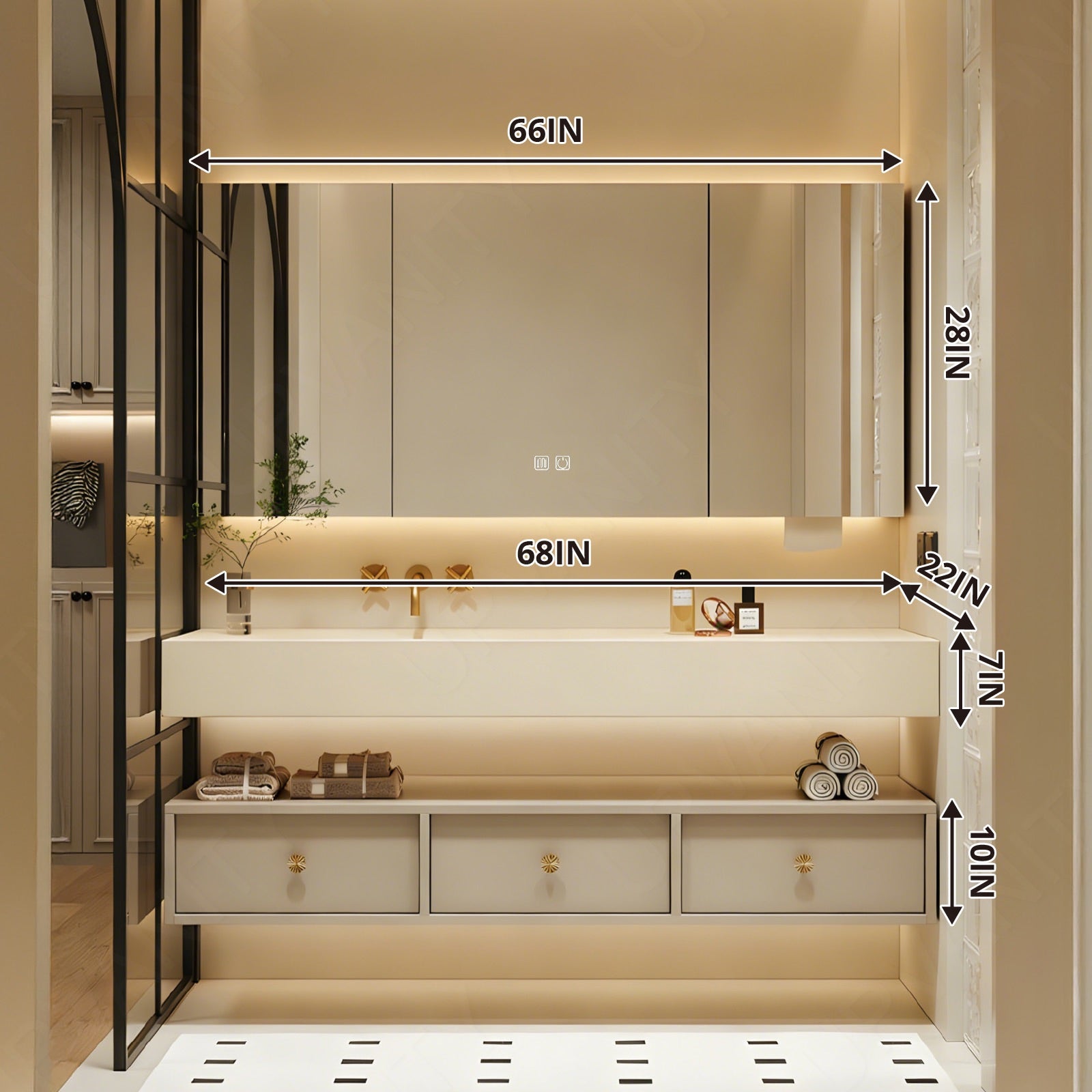 Modern Bath Vanity Set, Beige, White Slate Top, Gold Accents, 28"-72", Single, Floating, Open Storage, Smart LED Mirror, Rear Cabinet