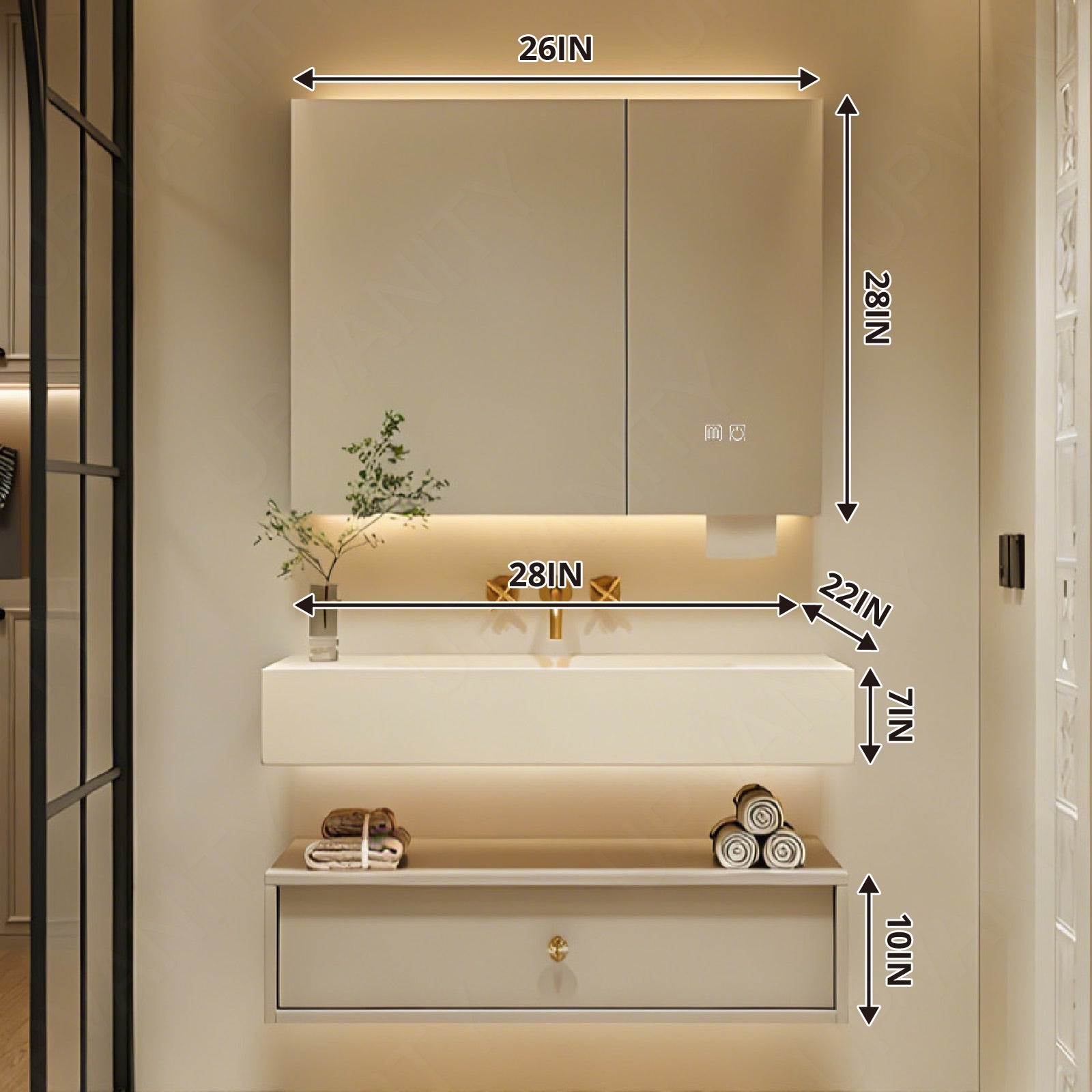 Modern Bath Vanity Set, Beige, White Slate Top, Gold Accents, 28"-72", Single, Floating, Open Storage, Smart LED Mirror, Rear Cabinet