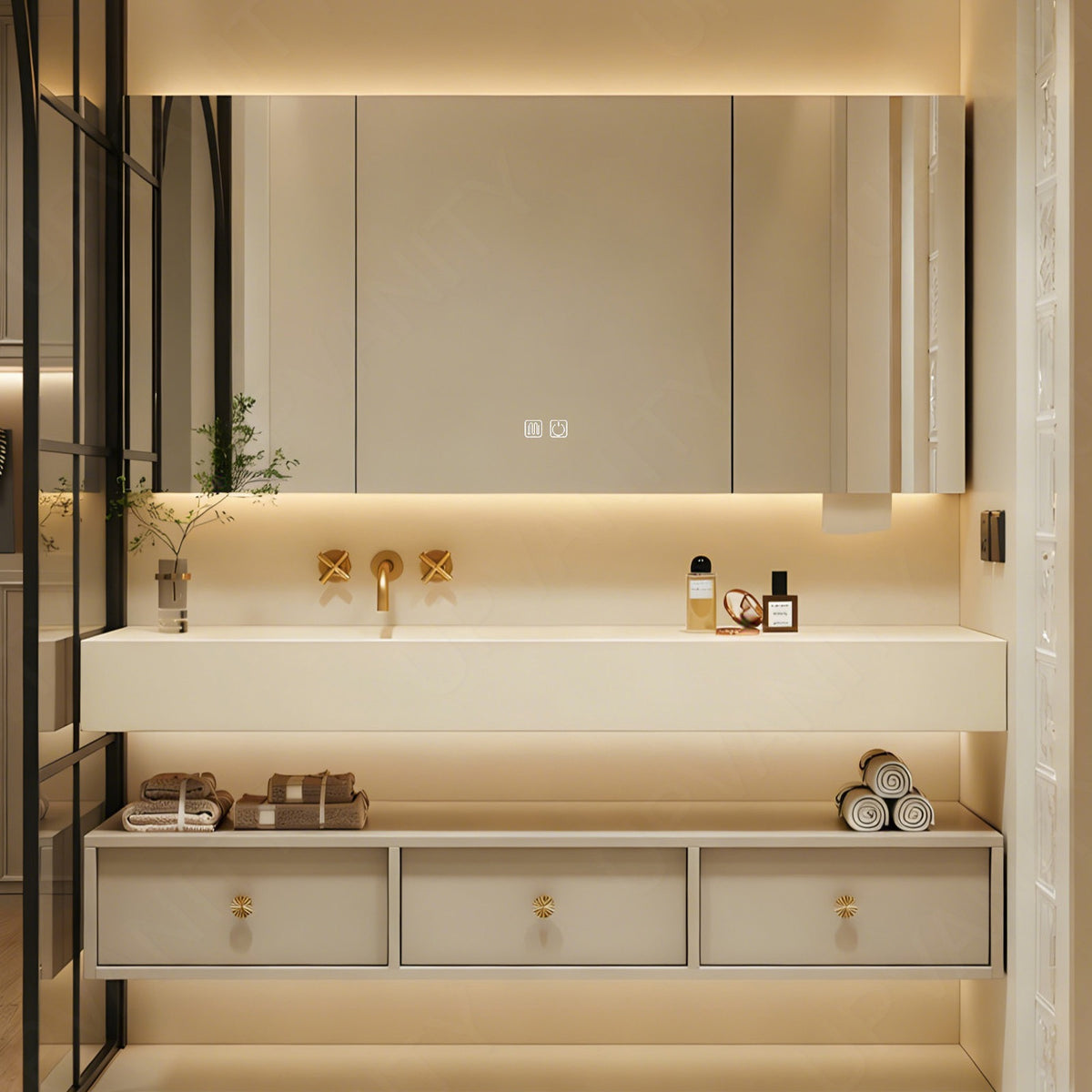 Modern Bath Vanity Set, Beige, White Slate Top, Gold Accents, 28"-72", Single, Floating, Open Storage, Smart LED Mirror, Rear Cabinet