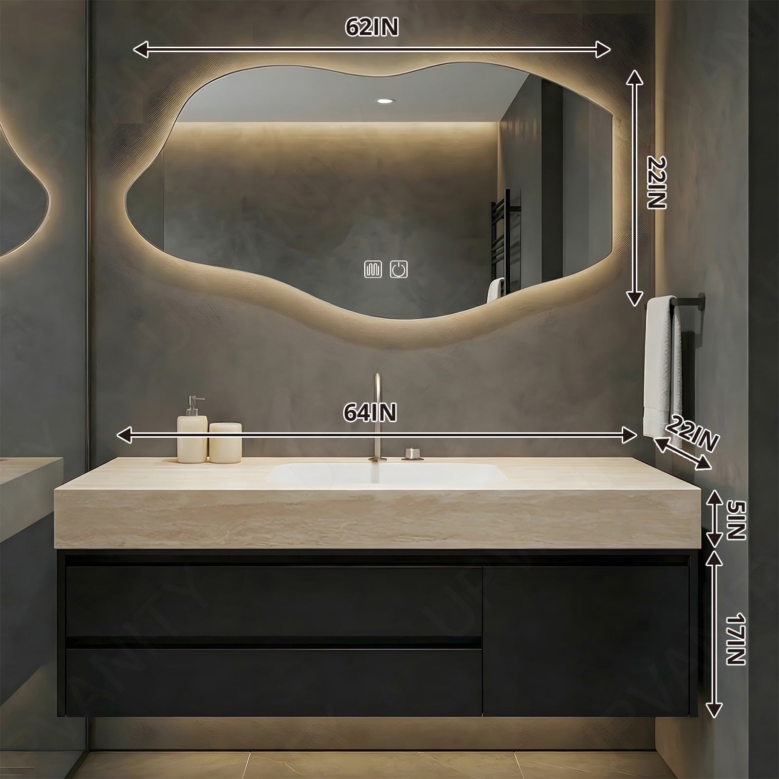 Modern Bath Vanity Set, Black, Beige Slate Top, 40"- 64", Single, Floating, Spacious Storage, Irregular Smart LED Mirror
