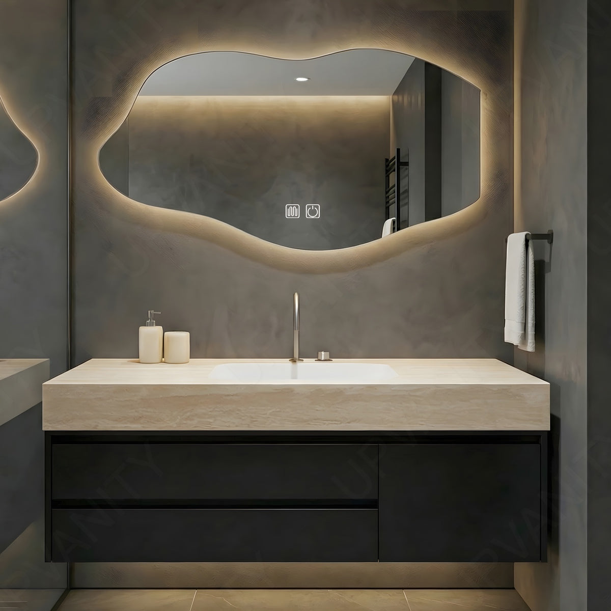 Modern Bath Vanity Set, Black, Beige Slate Top, 40"- 64", Single, Floating, Spacious Storage, Irregular Smart LED Mirror