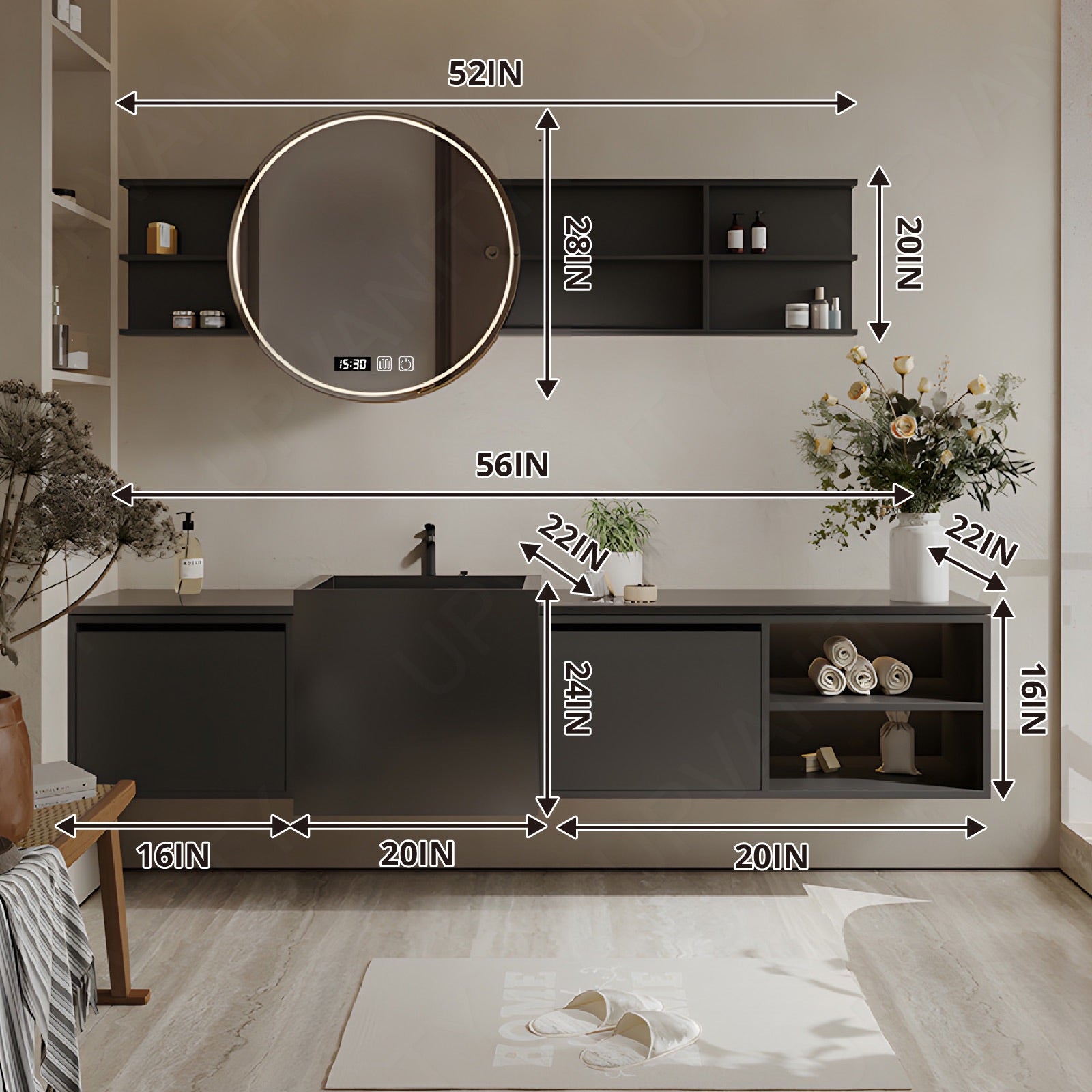 Modern Bath Vanity Set, Black, Black Column, 56"- 72", Single, Floating, Open Storage, Smart LED Mirror, Side Cabinet