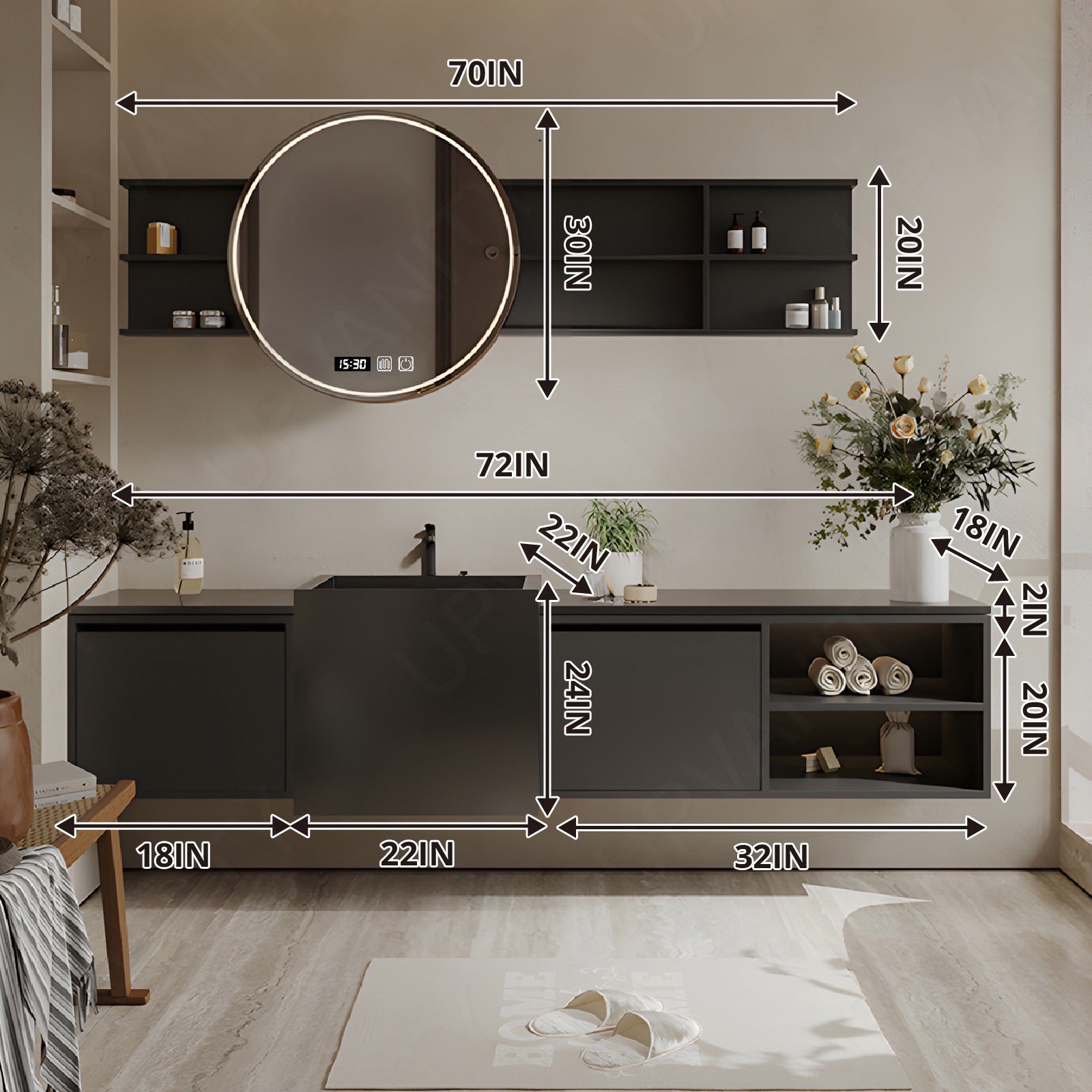 Modern Bath Vanity Set, Black, Black Column, 64"- 76", Single, Floating, Open Storage, Smart LED Mirror, Side Cabinet