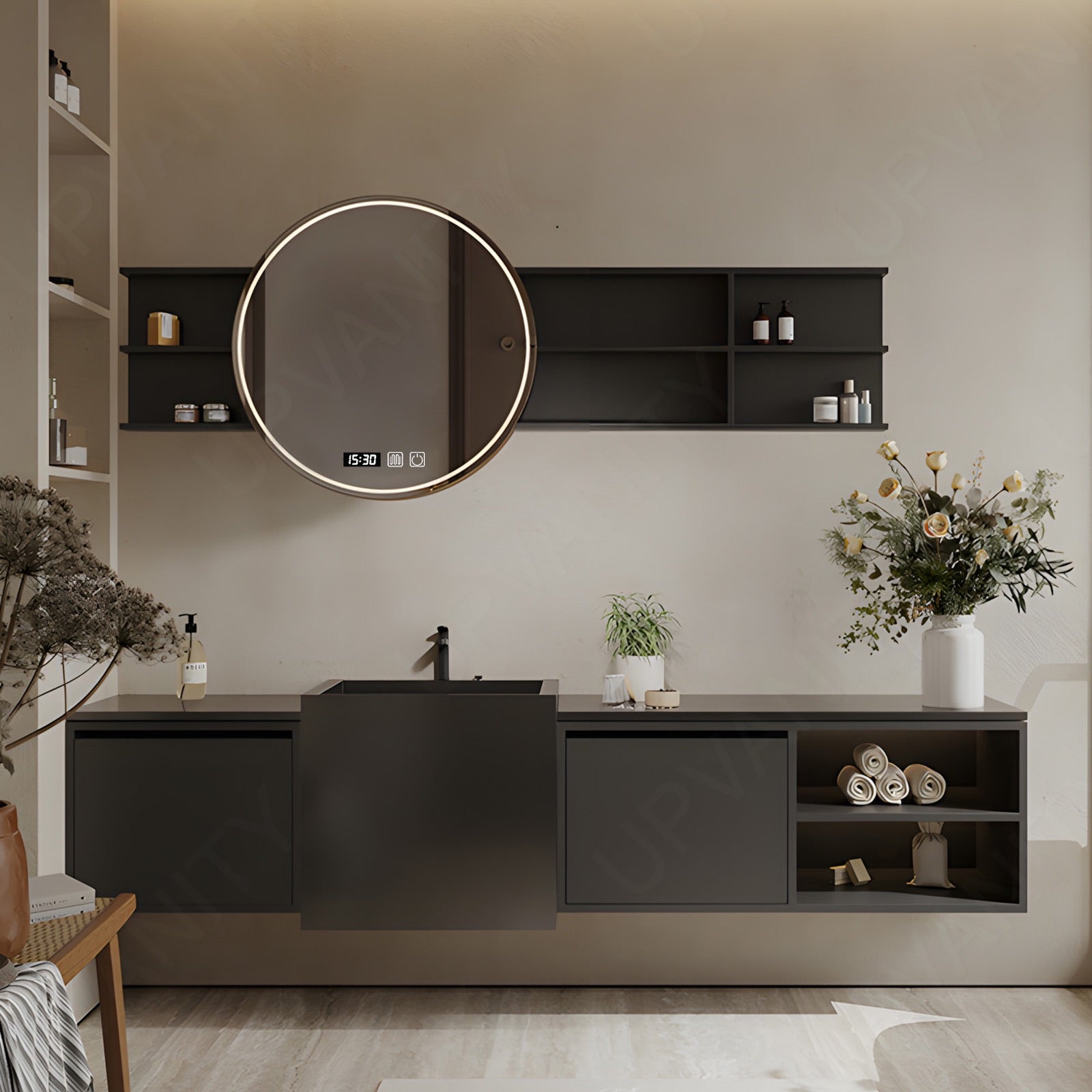 Modern Bath Vanity Set, Black, Black Column, 64"- 76", Single, Floating, Open Storage, Smart LED Mirror, Side Cabinet