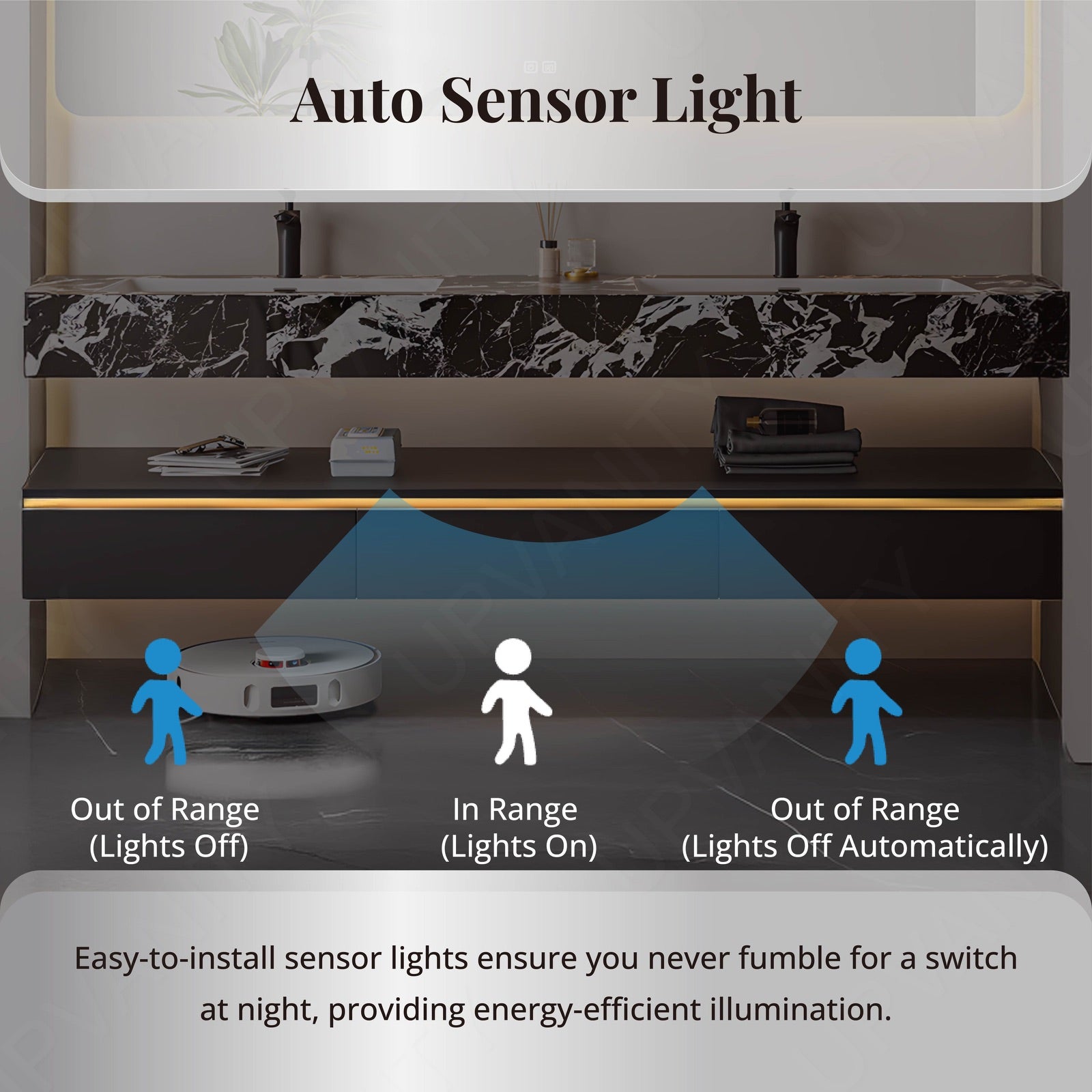 Modern Bath Vanity Set, Black, Black Marble Textured Top, 56"-78", Double, Floating, Open Storage, Smart LED Mirror