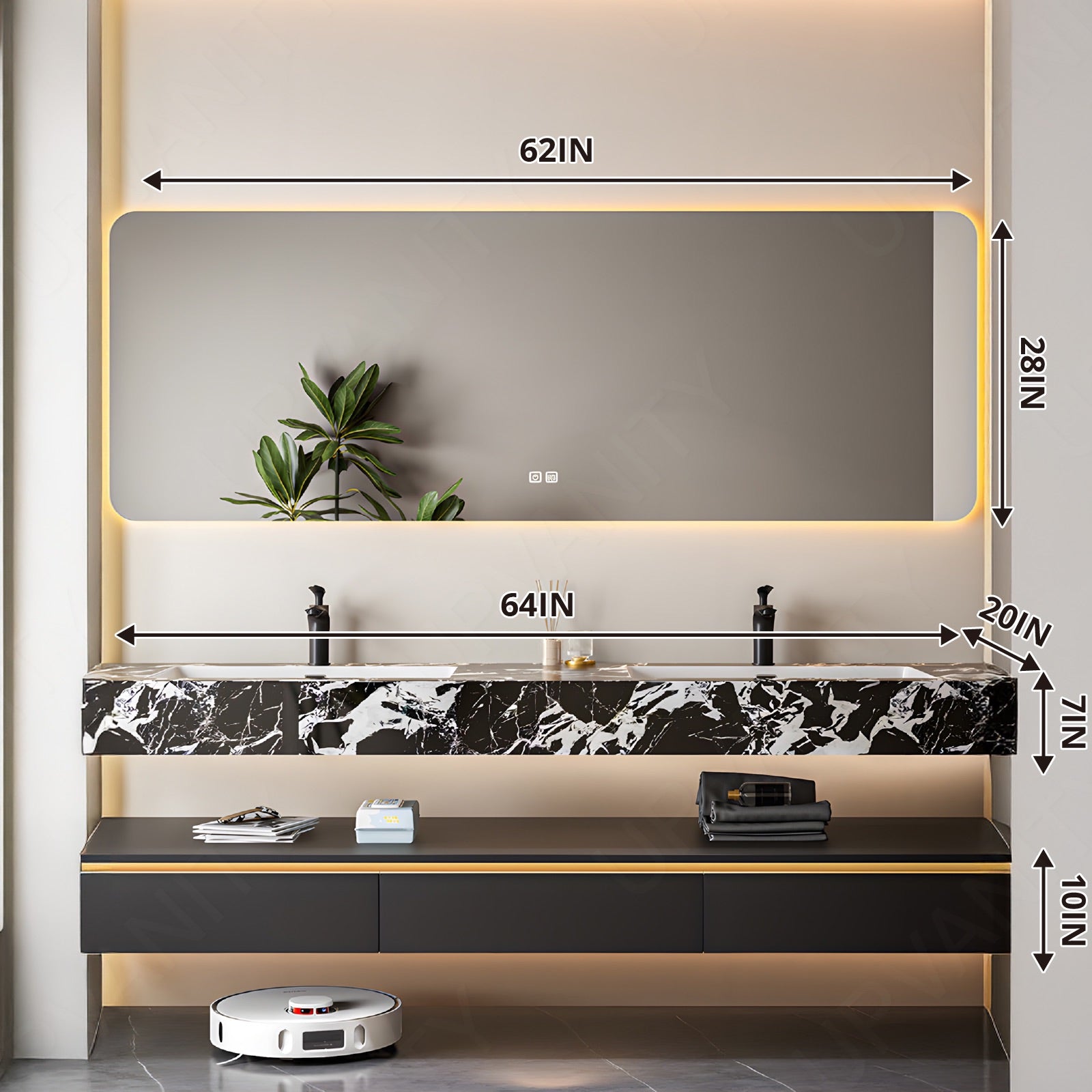 Modern Bath Vanity Set, Black, Black Marble Textured Top, 56"-78", Double, Floating, Open Storage, Smart LED Mirror