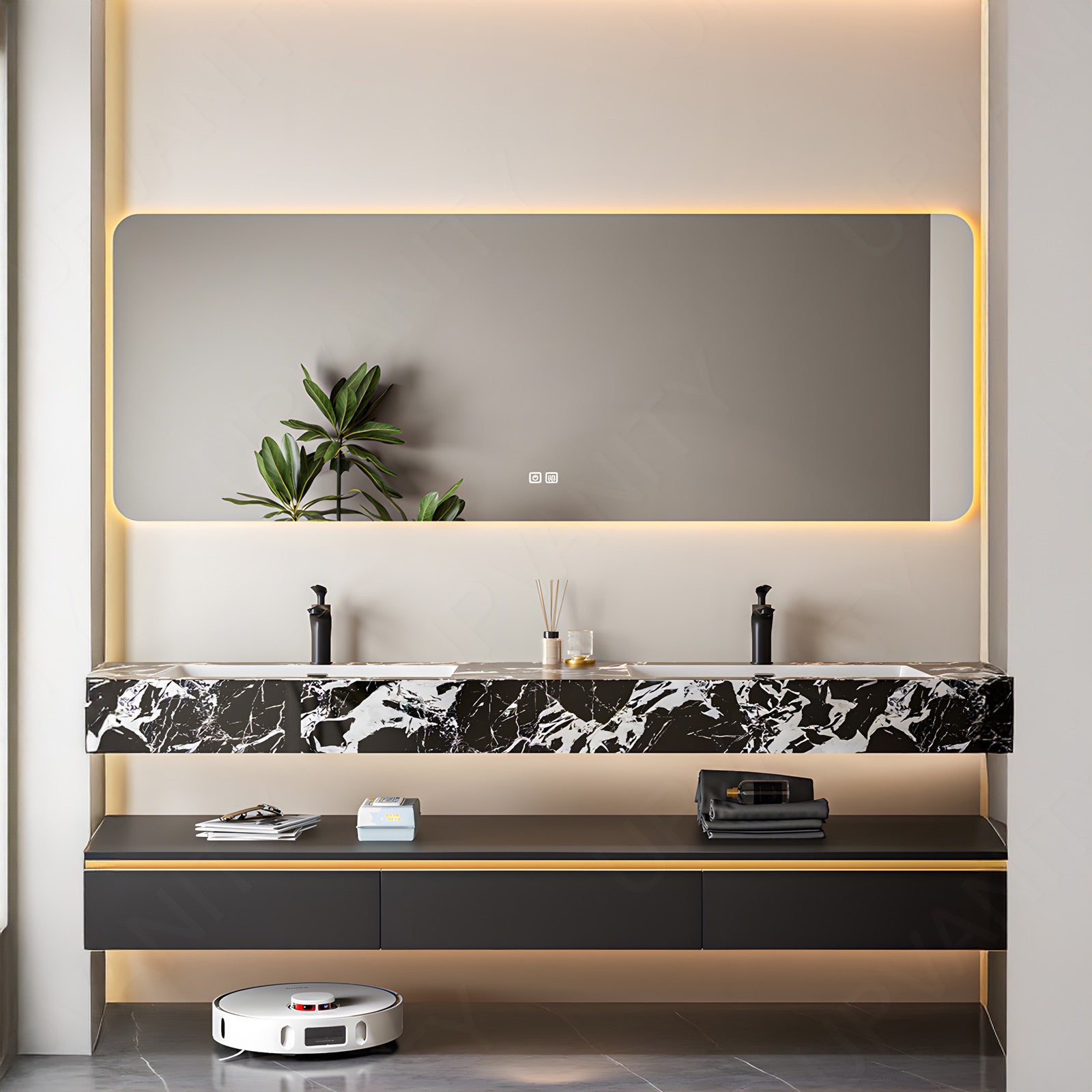 Modern Bath Vanity Set, Black, Black Marble Textured Top, 56"-78", Double, Floating, Open Storage, Smart LED Mirror
