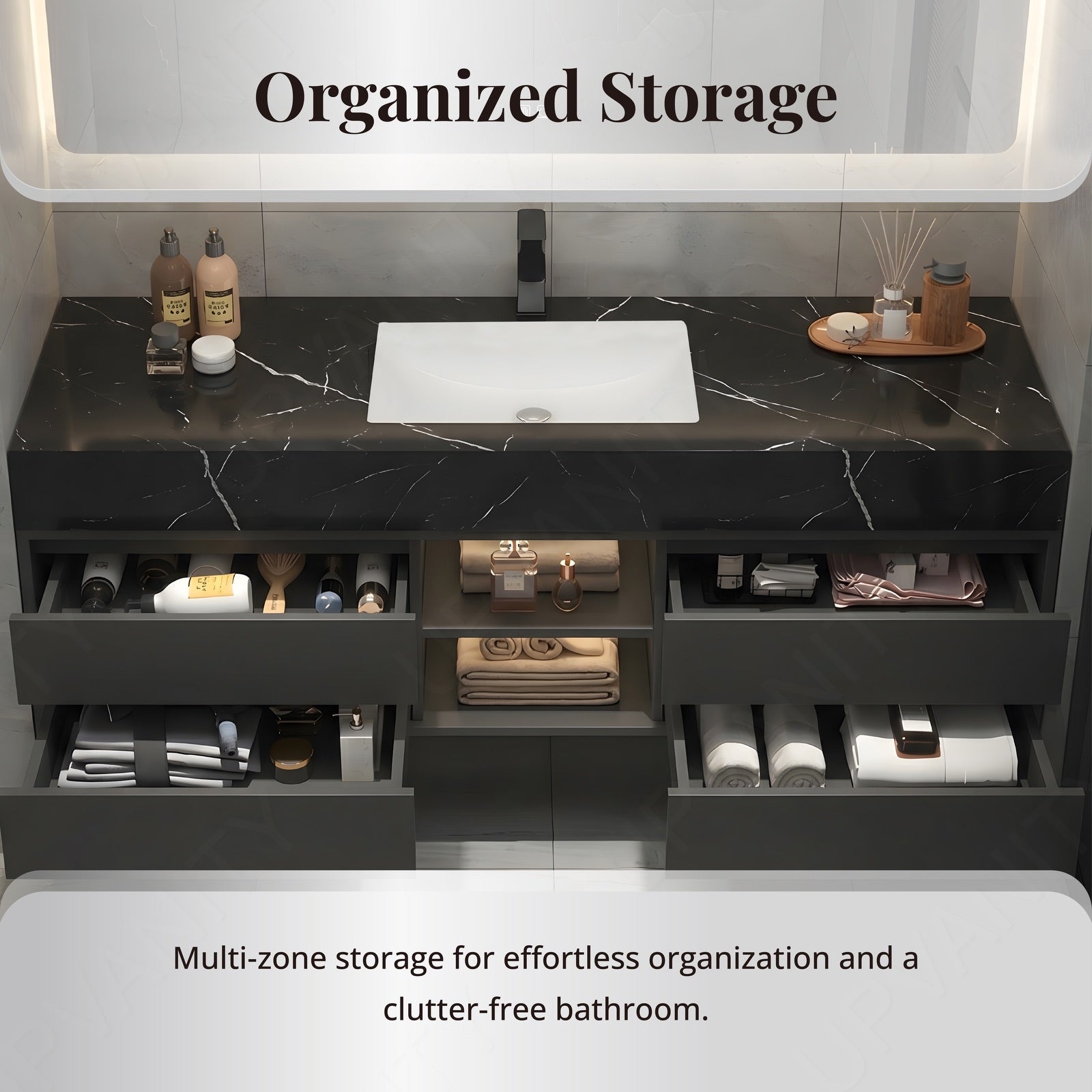 Modern Bath Vanity Set, Black, Black Slate Top, 48"-64", Single, Floating, Open Storage, Smart LED Mirror