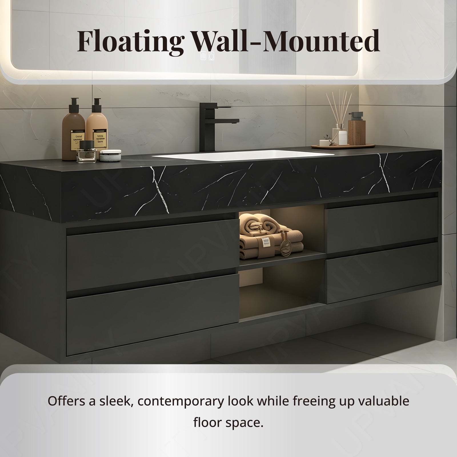 Modern Bath Vanity Set, Black, Black Slate Top, 48"-64", Single, Floating, Open Storage, Smart LED Mirror