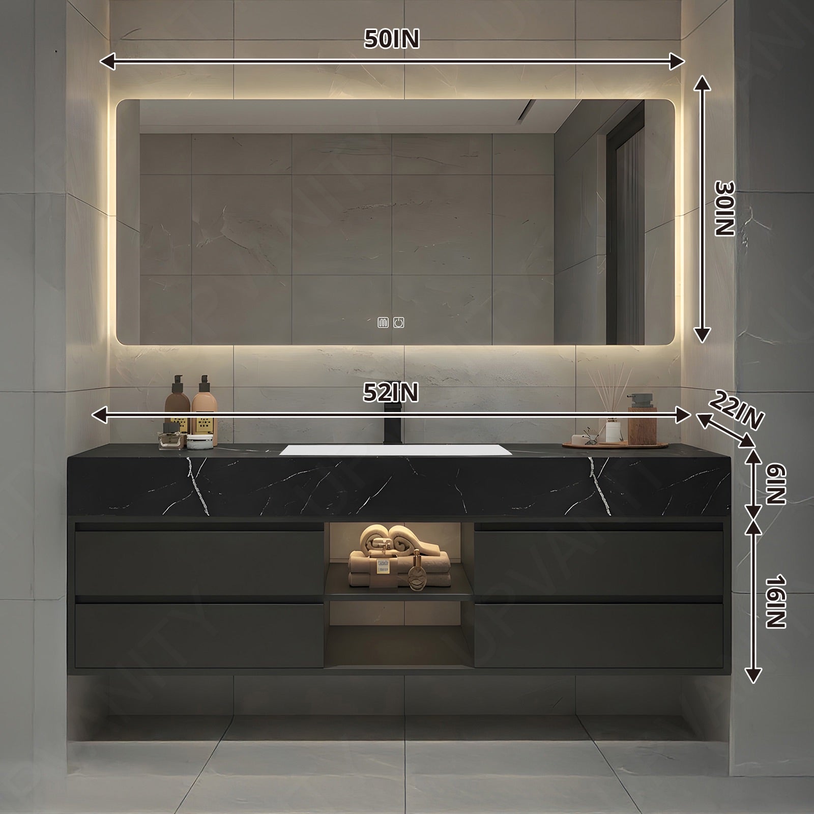 Modern Bath Vanity Set, Black, Black Slate Top, 48"-64", Single, Floating, Open Storage, Smart LED Mirror