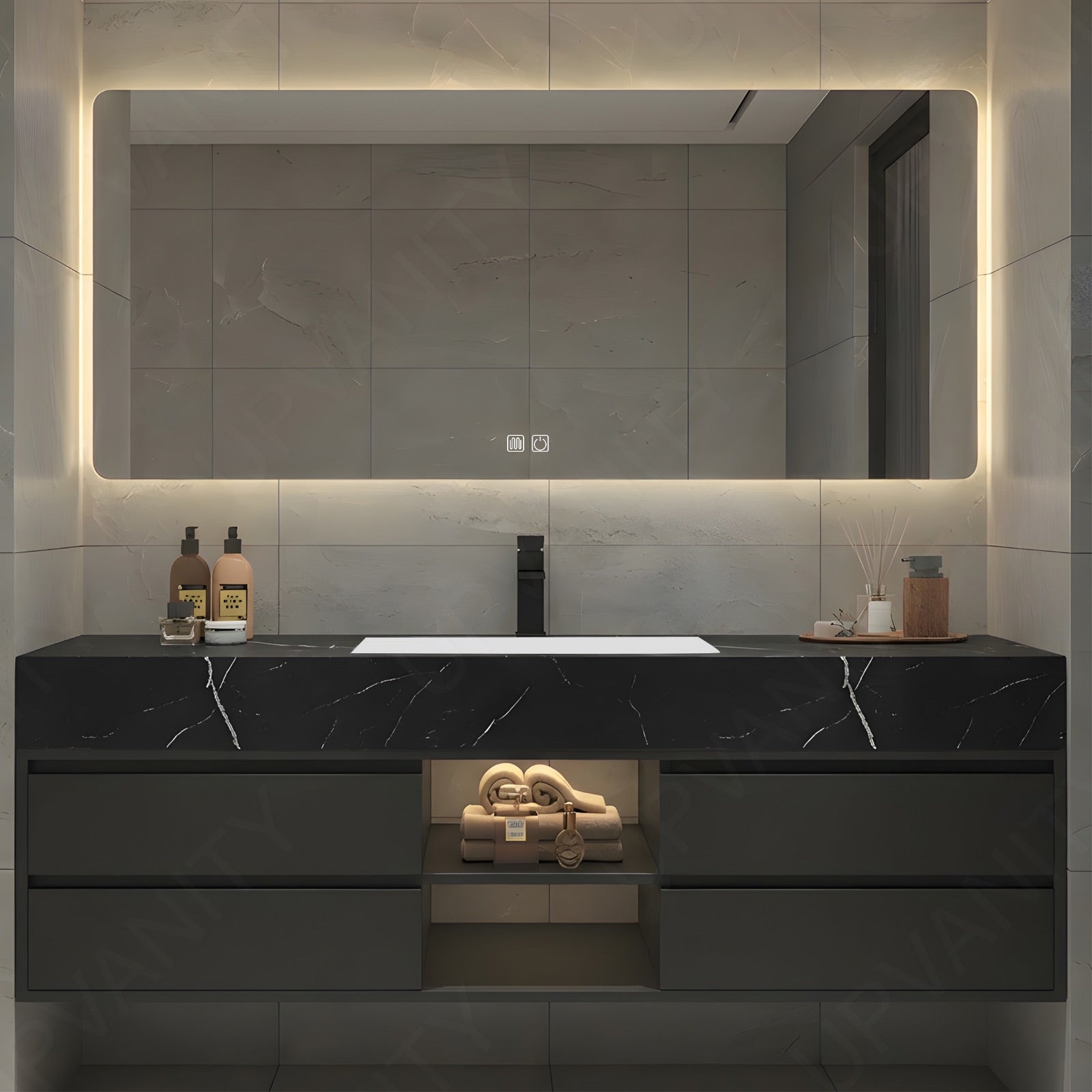 Modern Bath Vanity Set, Black, Black Slate Top, 48"-64", Single, Floating, Open Storage, Smart LED Mirror