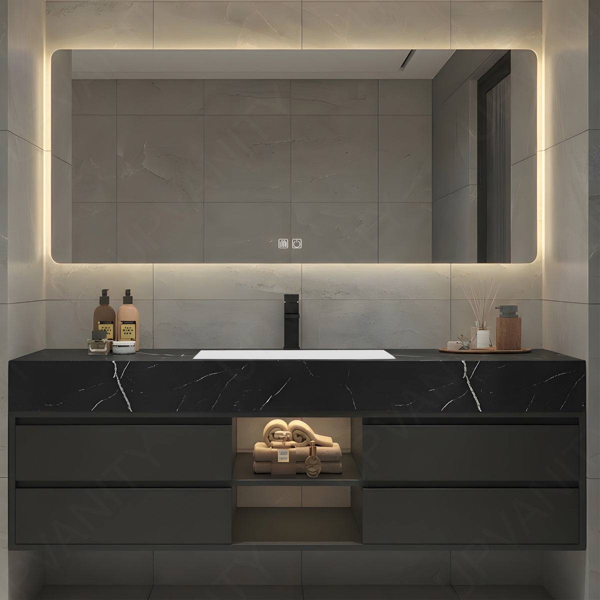 Modern Bath Vanity Set, Black, Black Slate Top, 48"-64", Single, Floating, Open Storage, Smart LED Mirror