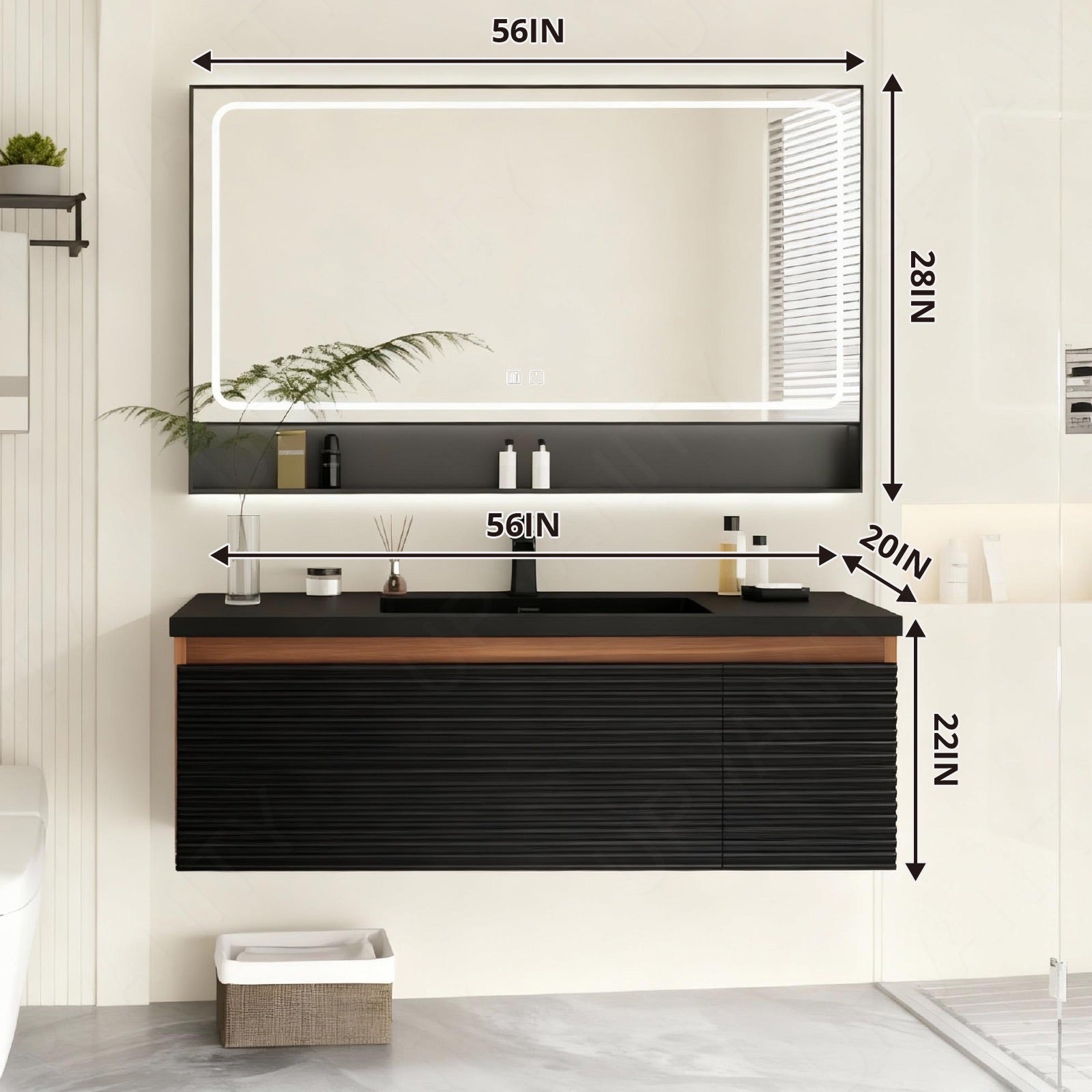 Modern Bath Vanity Set, Black, Black Slate Top, Striped Panel, 40"-64", Single, Floating, Open Storage, Smart LED Mirror