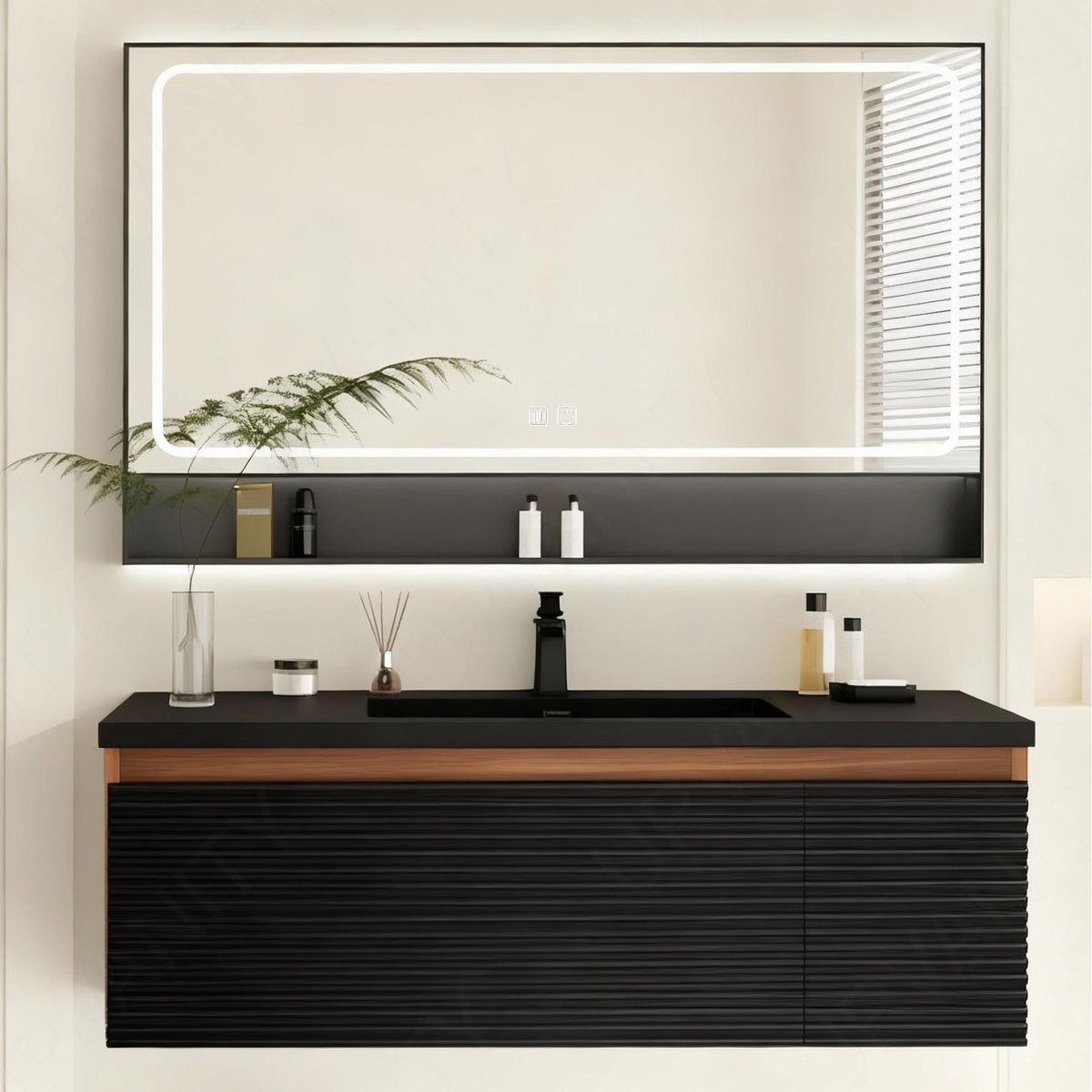 Modern Bath Vanity Set, Black, Black Slate Top, Striped Panel, 40"-64", Single, Floating, Open Storage, Smart LED Mirror