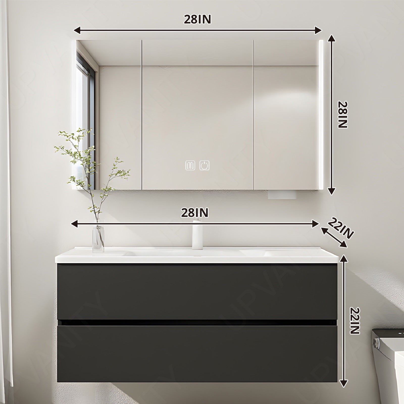 Modern Bath Vanity Set, Black, Classic Panel, 24"-36", Single, Floating, Smart LED Mirror, Rear Cabinet