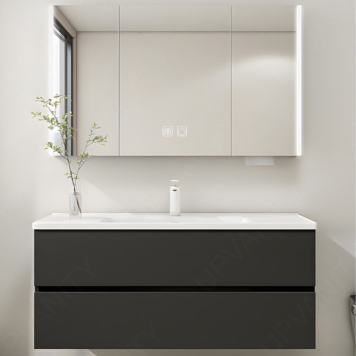 Modern Bath Vanity Set, Black, Classic Panel, 24"-36", Single, Floating, Smart LED Mirror, Rear Cabinet