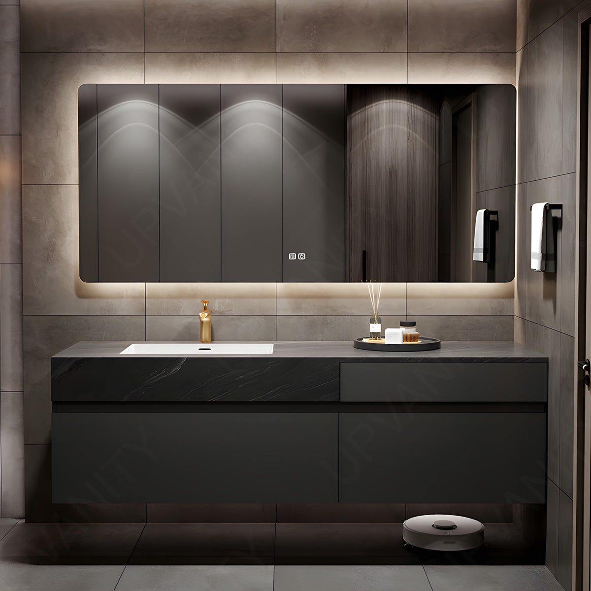 Modern Bath Vanity Set, Black, Classic Panel, 56"-78", Single, Floating, Sectional Storage, Smart LED Mirror