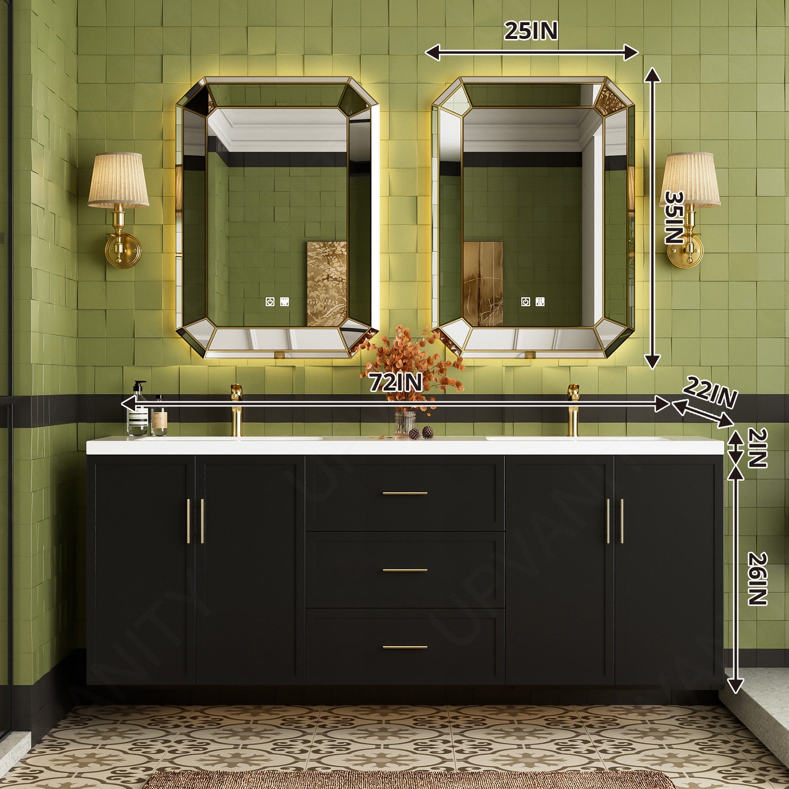 Modern Bath Vanity Set, Black, Flat Panel, 56 "-78", Double, Floating, Gold Accents, Irregular Smart LED Mirror