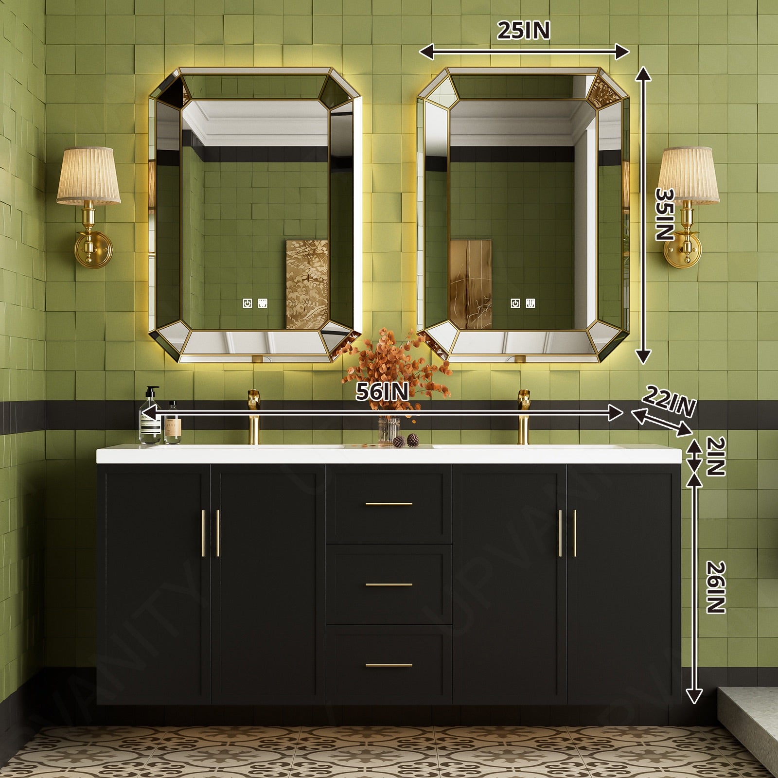 Modern Bath Vanity Set, Black, Flat Panel, 56 "-78", Double, Floating, Gold Accents, Irregular Smart LED Mirror