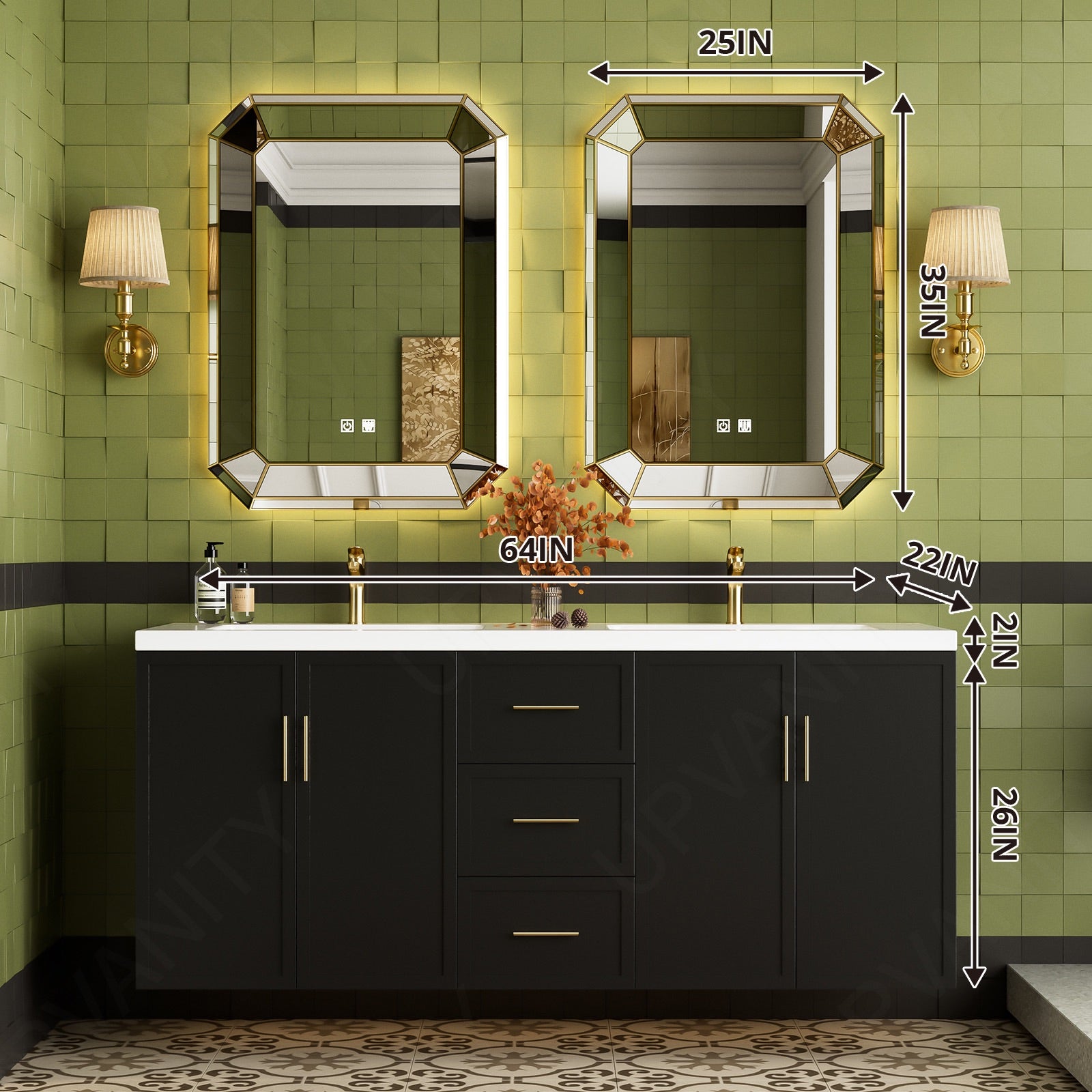 Modern Bath Vanity Set, Black, Flat Panel, 56 "-78", Double, Floating, Gold Accents, Irregular Smart LED Mirror