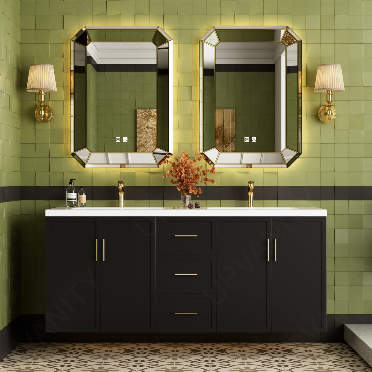 Modern Bath Vanity Set, Black, Flat Panel, 56 "-78", Double, Floating, Gold Accents, Irregular Smart LED Mirror