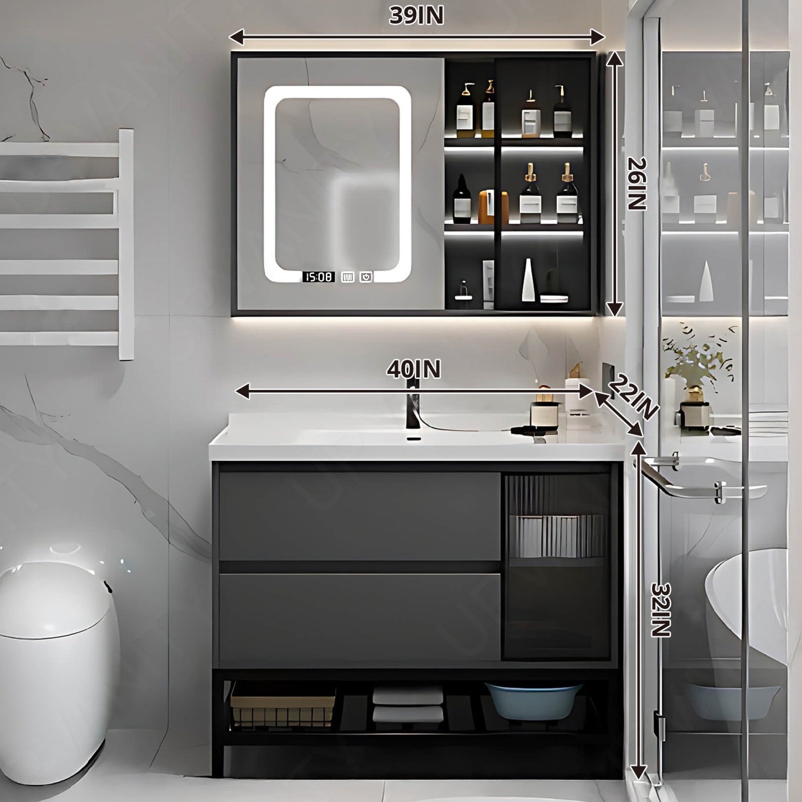 Modern Bath Vanity Set, Black, Glass Door, 24"-48", Single, Freestanding, Smart LED Mirror, Side Cabinet