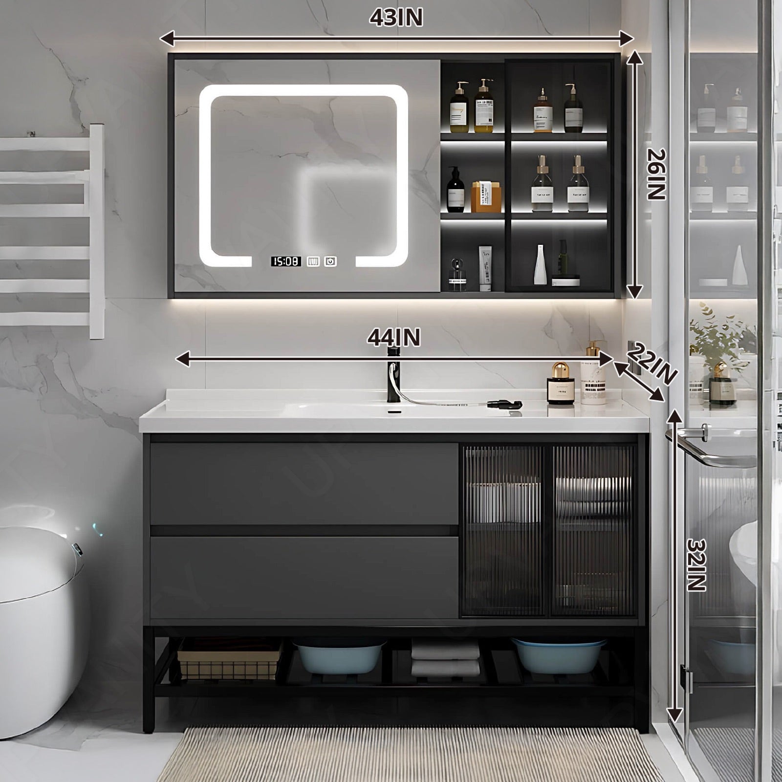 Modern Bath Vanity Set, Black, Glass Door, 24"-48", Single, Freestanding, Smart LED Mirror, Side Cabinet