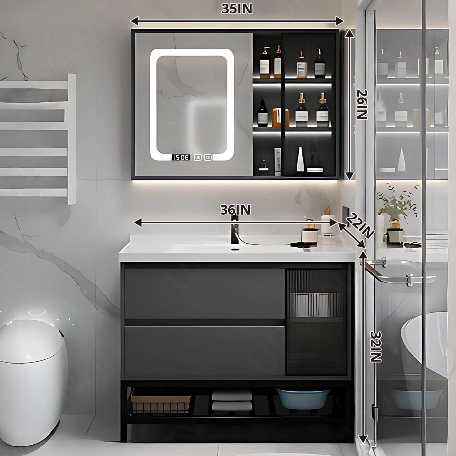 Modern Bath Vanity Set, Black, Glass Door, 24"-48", Single, Freestanding, Smart LED Mirror, Side Cabinet