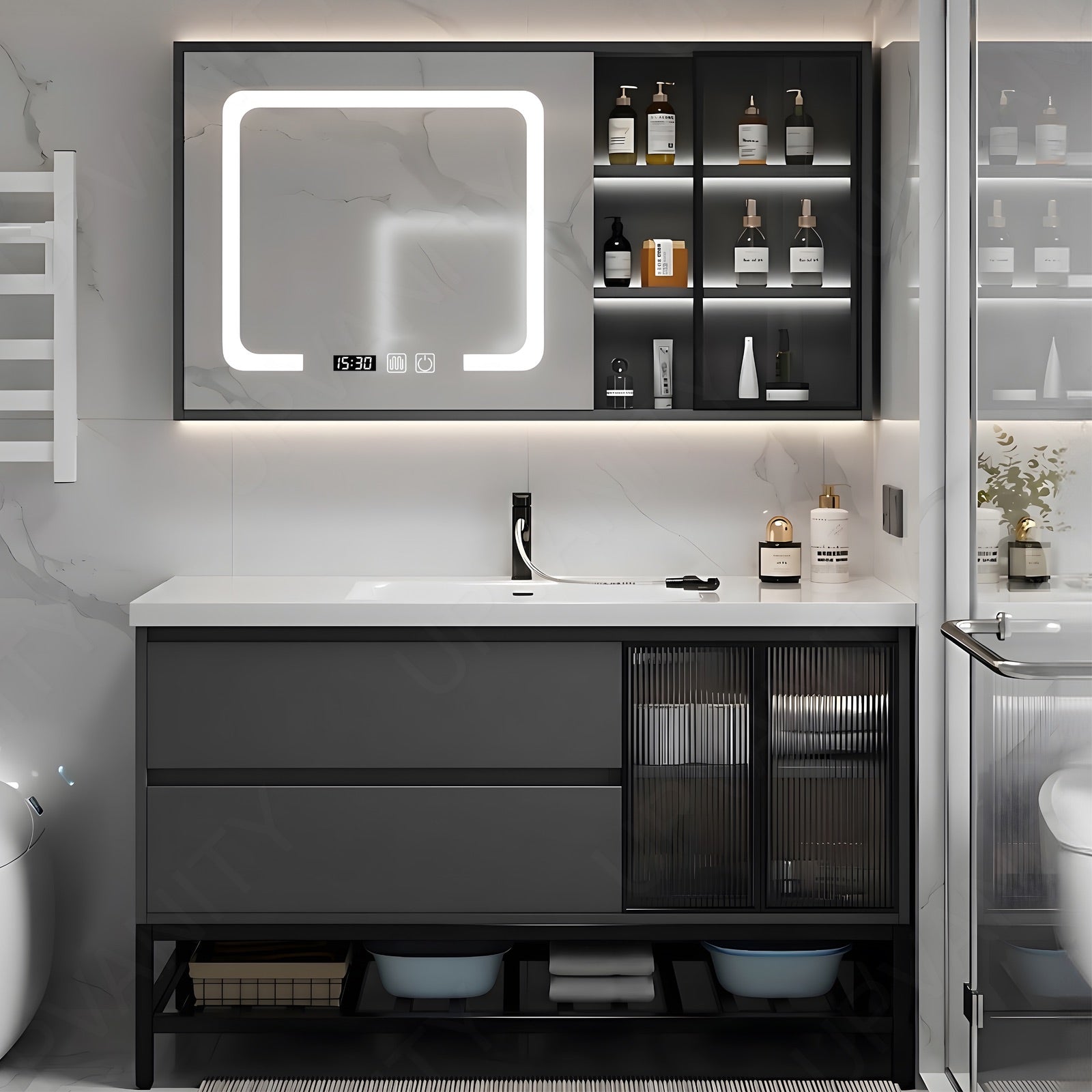 Modern Bath Vanity Set, Black, Glass Door, 24"-48", Single, Freestanding, Smart LED Mirror, Side Cabinet