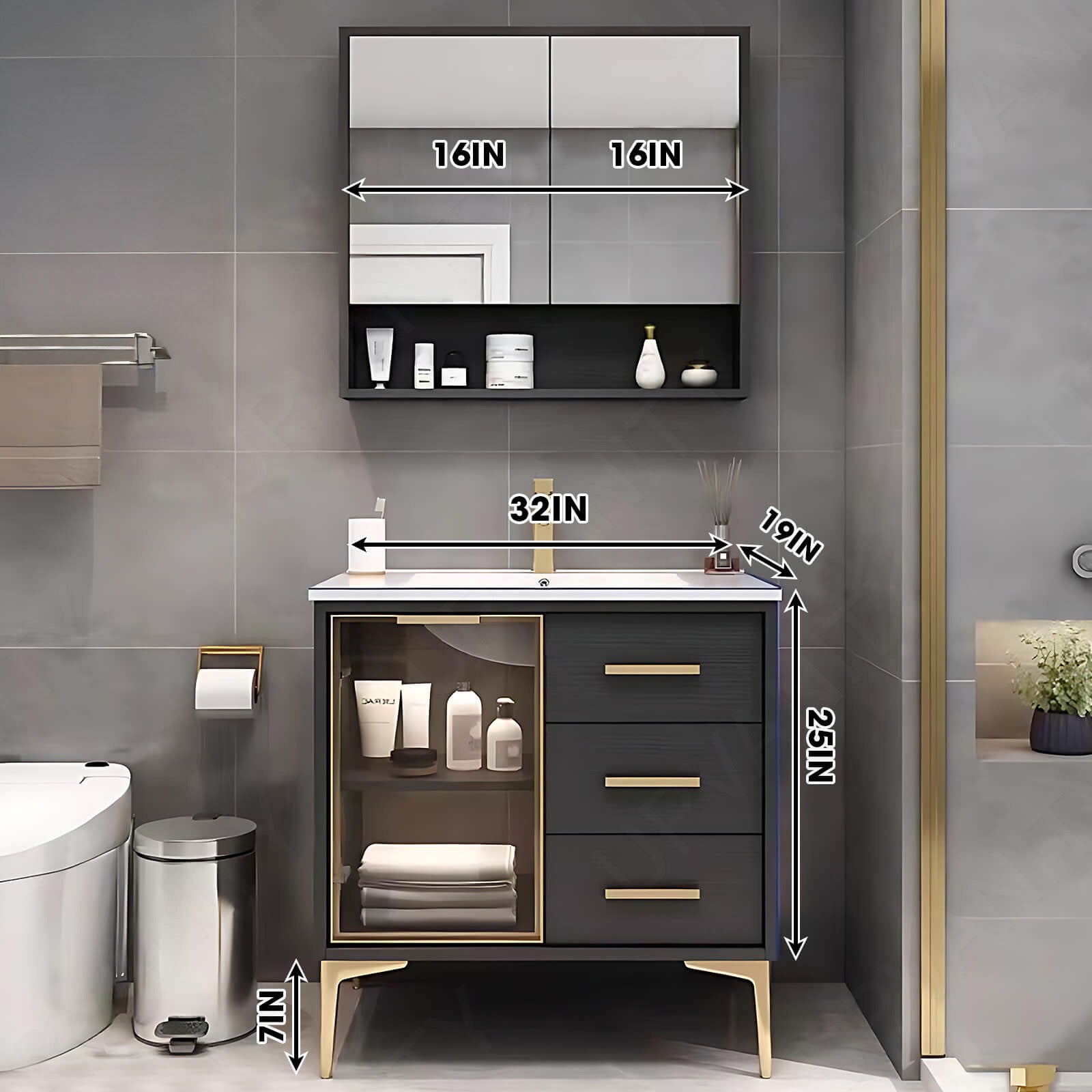 Modern Bath Vanity Set, Black, Glass Door, 32"- 48", Single, Freestanding, Smart LED Mirror, Rear Cabinet