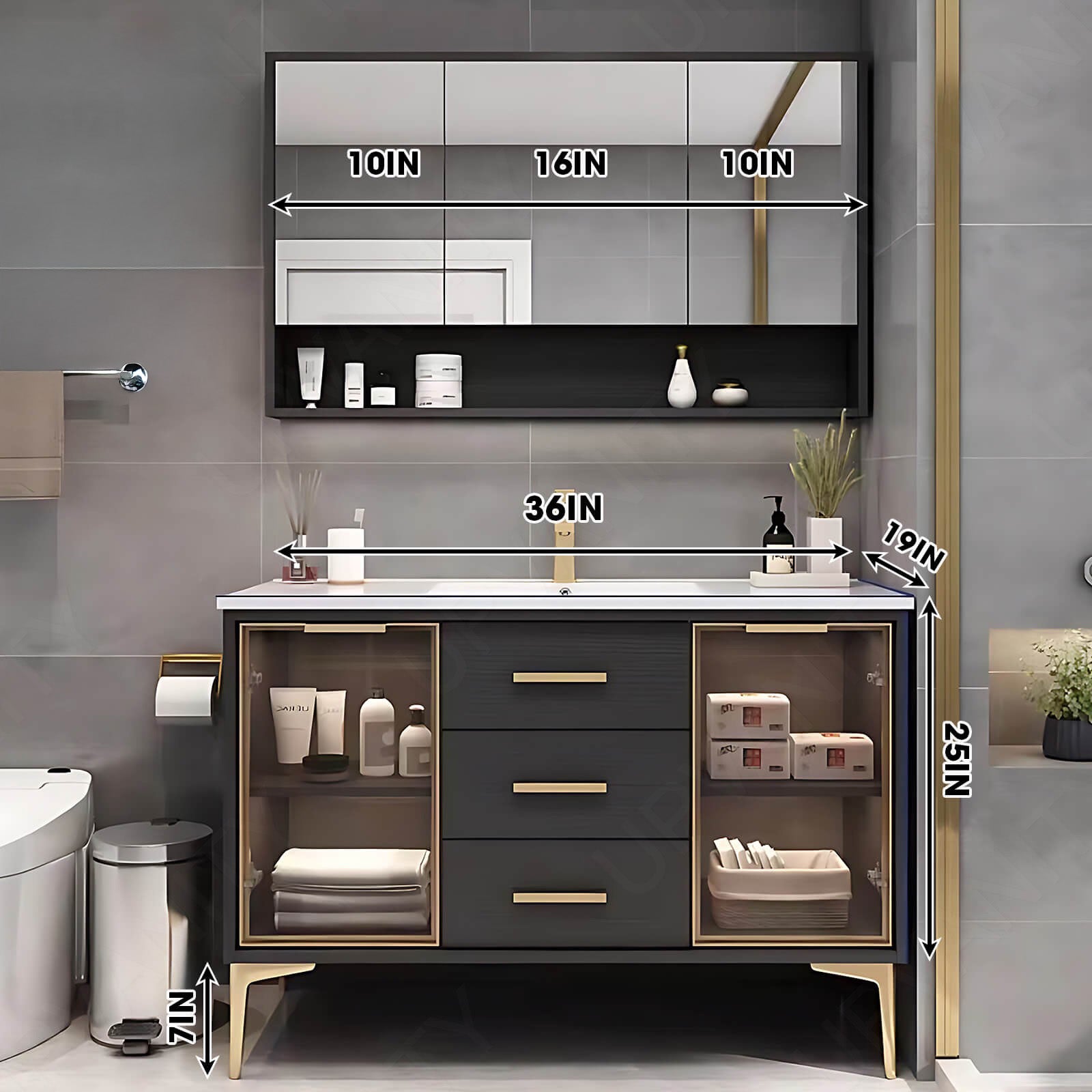 Modern Bath Vanity Set, Black, Glass Door, 32"- 48", Single, Freestanding, Smart LED Mirror, Rear Cabinet