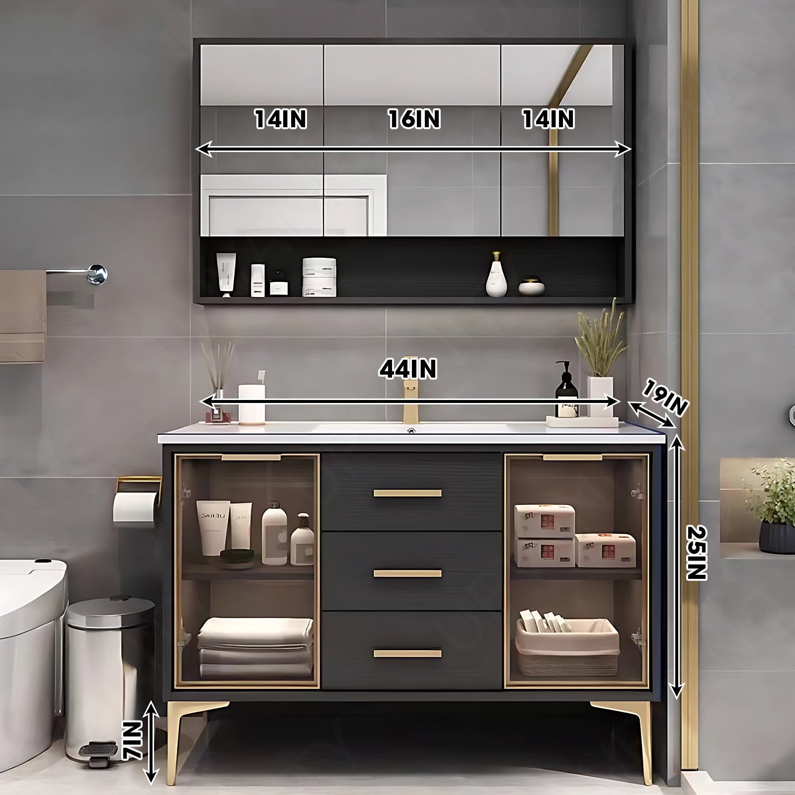 Modern Bath Vanity Set, Black, Glass Door, 32"- 48", Single, Freestanding, Smart LED Mirror, Rear Cabinet