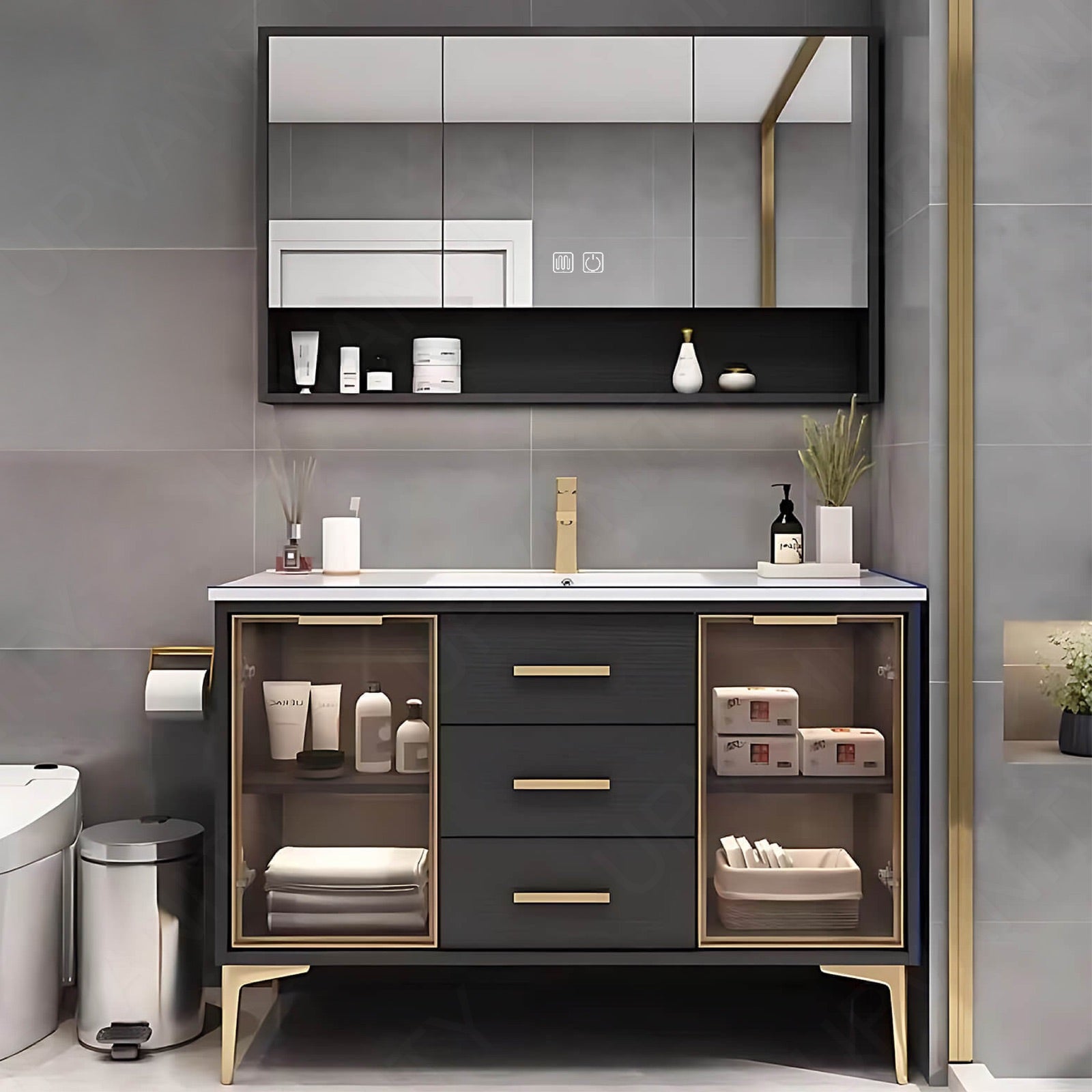 Modern Bath Vanity Set, Black, Glass Door, 32"- 48", Single, Freestanding, Smart LED Mirror, Rear Cabinet