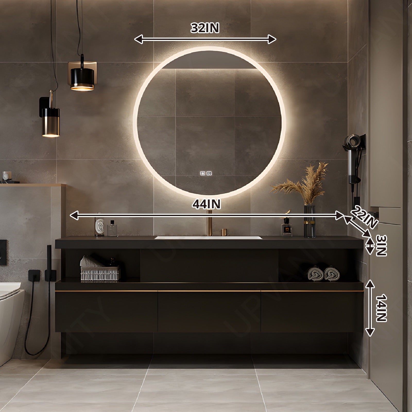 Modern Bath Vanity Set, Black, Gold Accents, 36"-64", Single, Floating, Open Storage, Round Smart LED Mirror