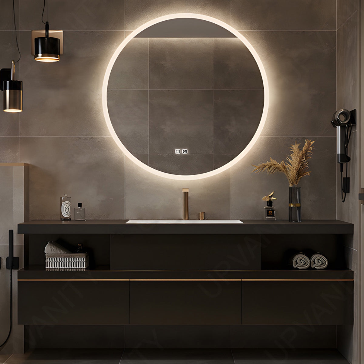 Modern Bath Vanity Set, Black, Gold Accents, 36"-64", Single, Floating, Open Storage, Round Smart LED Mirror