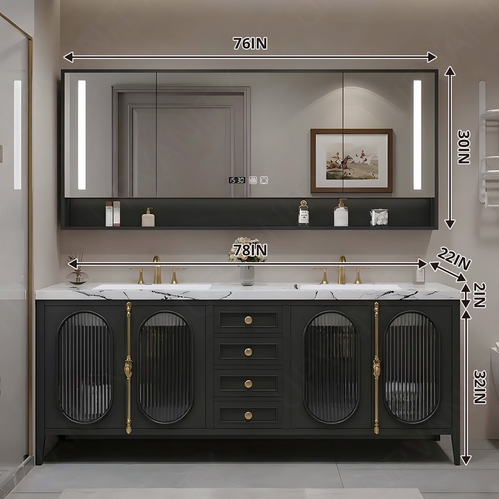 Modern Bath Vanity Set, Black, Gold Accents, 36"- 78", Double/Single, Freestanding, Glass Door, Smart LED Mirror, Rear Cabinet
