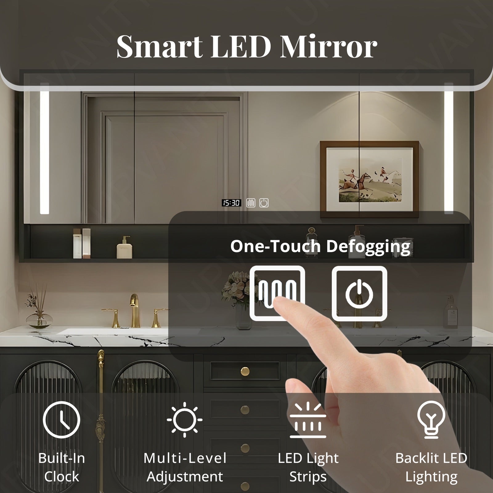 Modern Bath Vanity Set, Black, Gold Accents, 36"- 78", Double/Single, Freestanding, Glass Door, Smart LED Mirror, Rear Cabinet