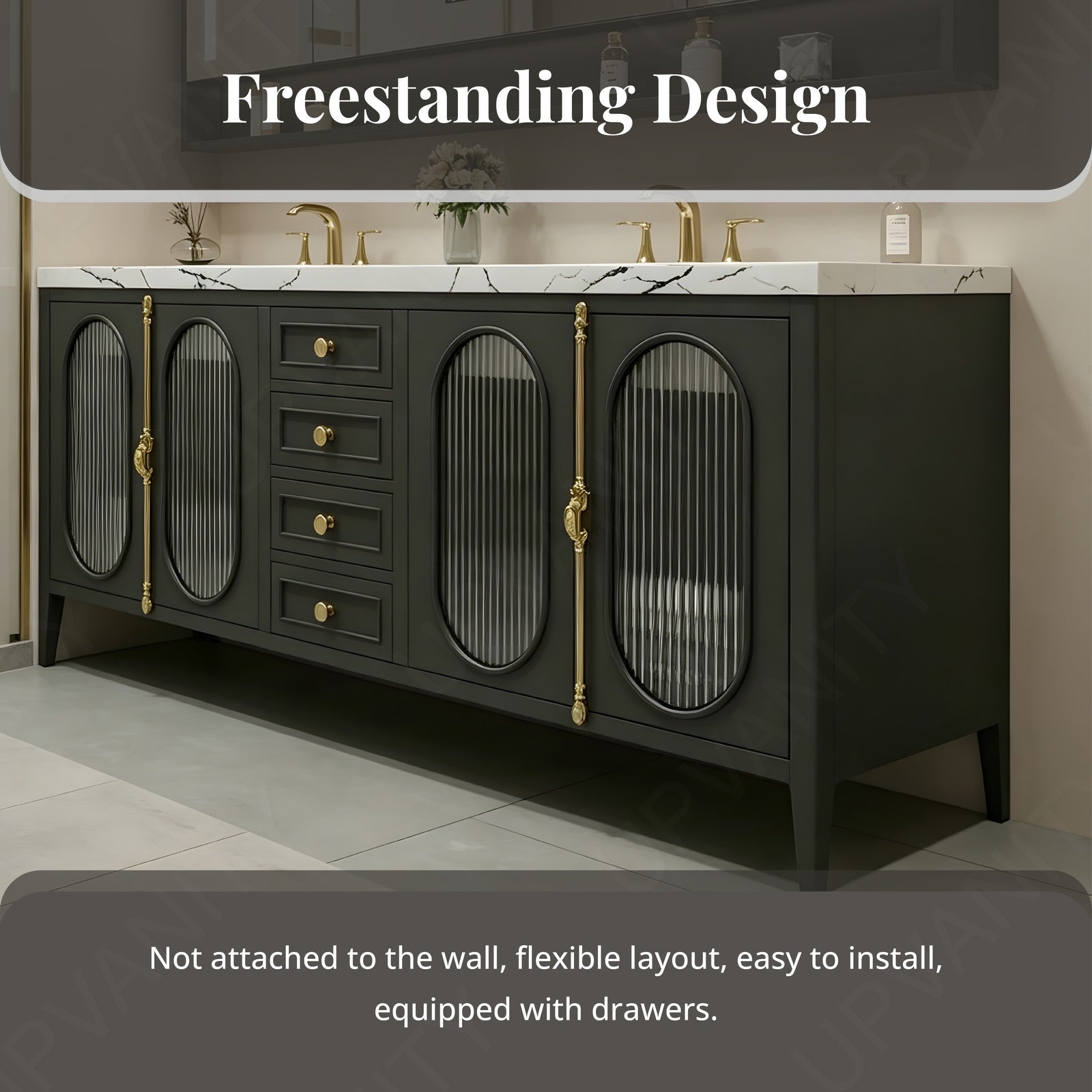 Modern Bath Vanity Set, Black, Gold Accents, 36"- 78", Double/Single, Freestanding, Glass Door, Smart LED Mirror, Rear Cabinet